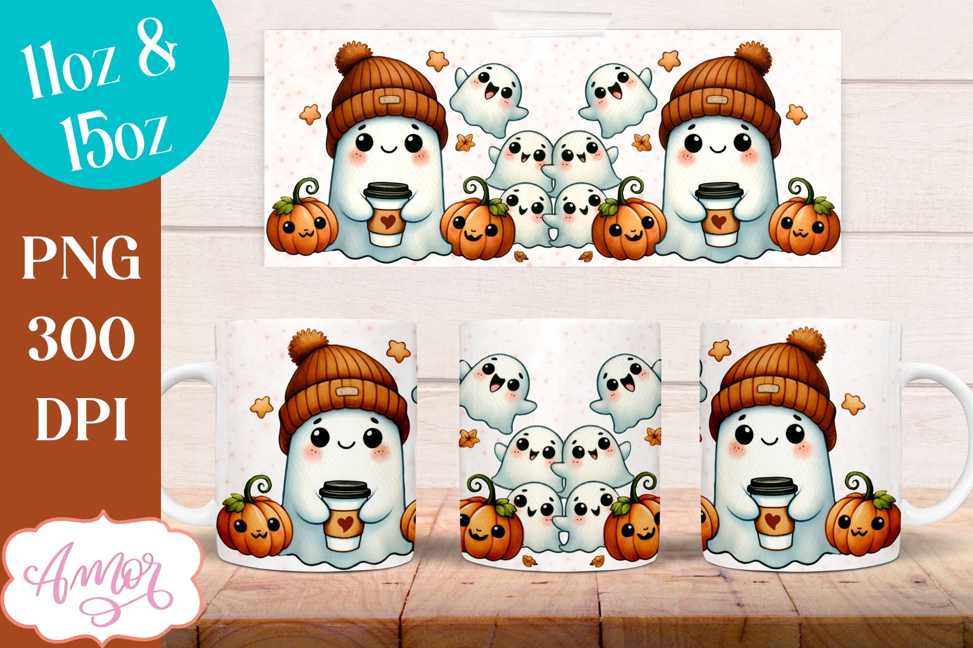 Cute fall mug wrap PNG for sublimation | Halloween ghost mug