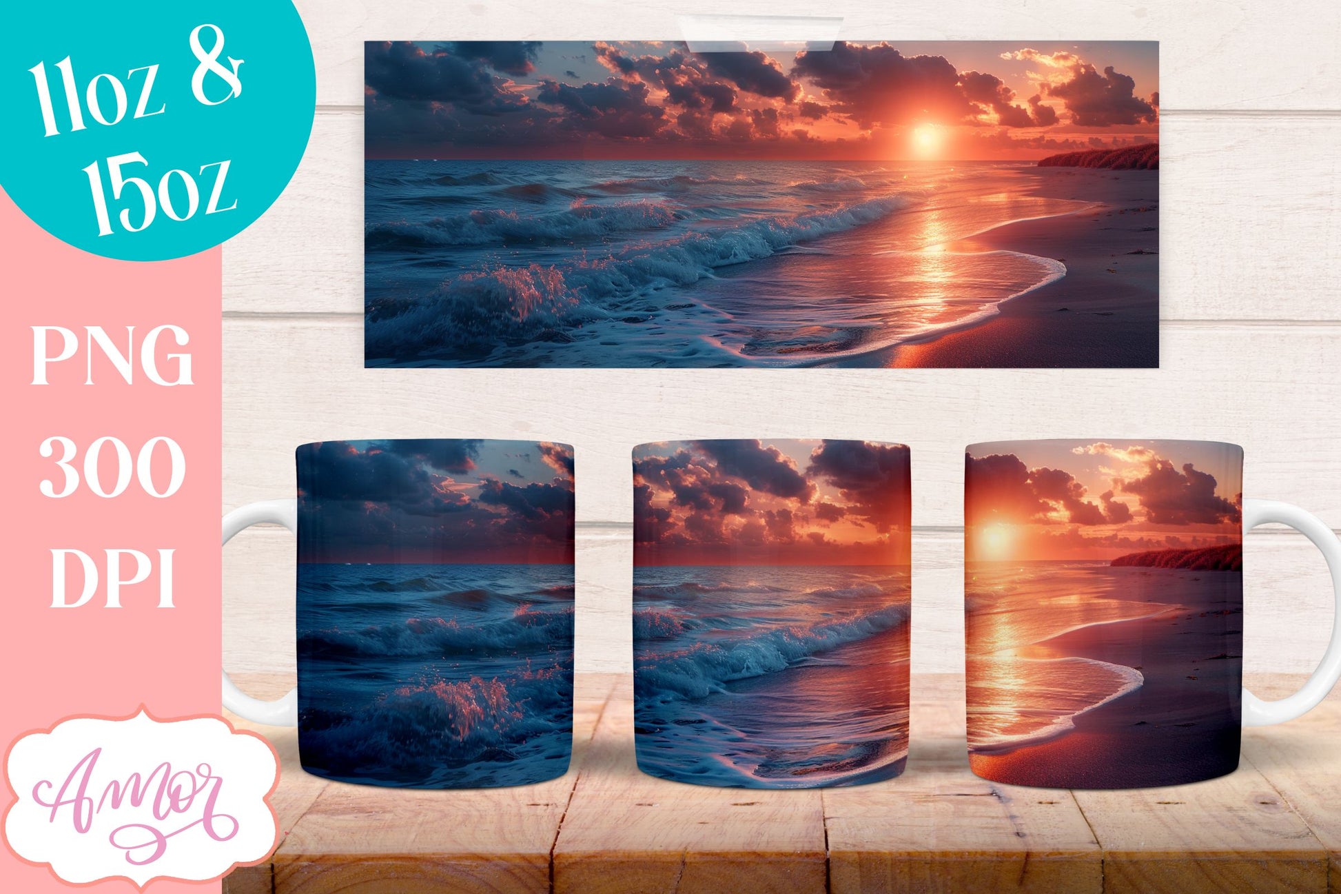 BUNDLE Beach sunset Mug Wrap for Sublimation | Nightfall at sea mug wrap