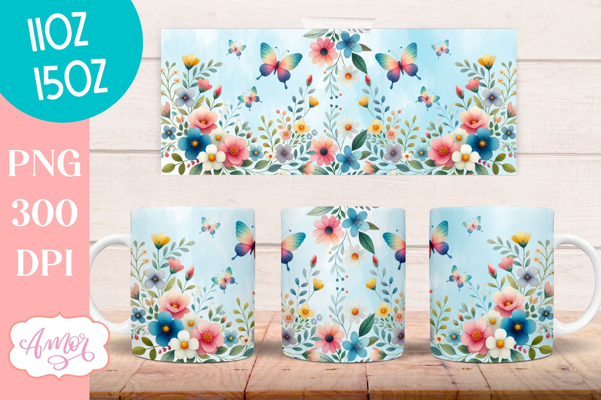 Flowers and butterflies mug wrap PNG for sublimation