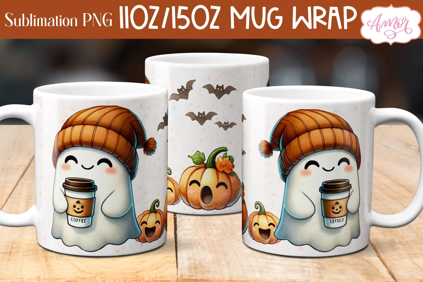 Cute fall mug wrap PNG for sublimation | Halloween ghost mug