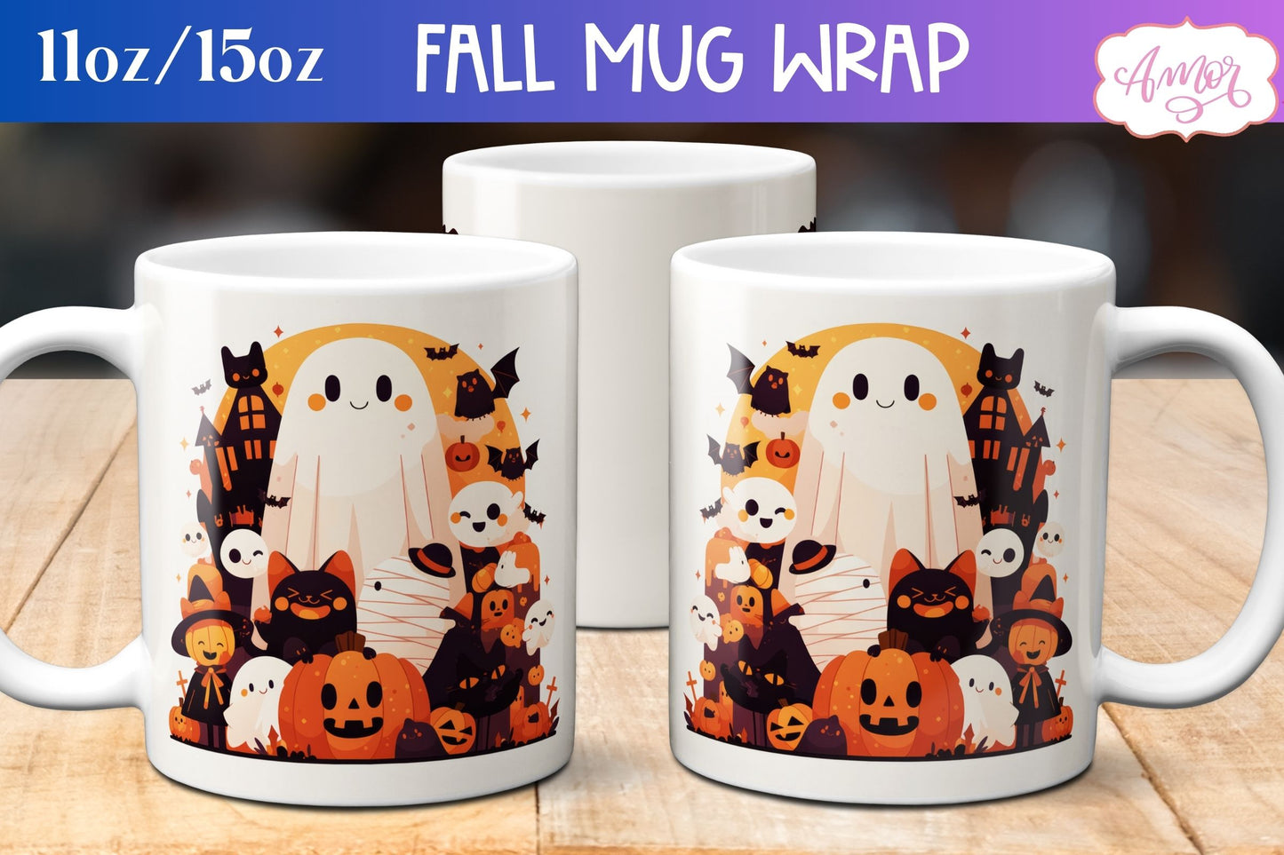 Cute Halloween mug wrap sublimation PNG | Spooky cute mug BUNDLE