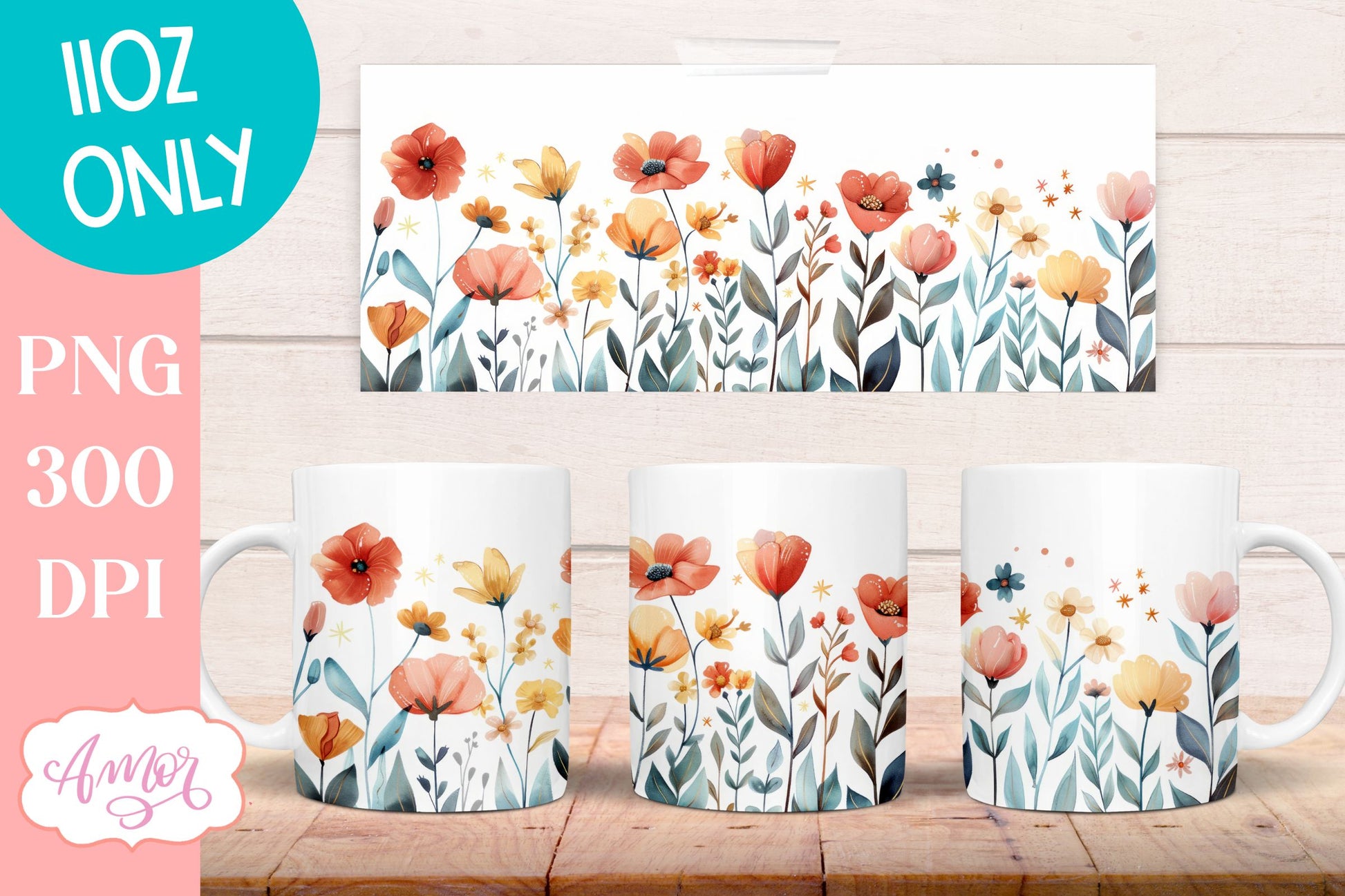 Wildflowers Mug Wrap for Sublimation | Spring mug png 11oz