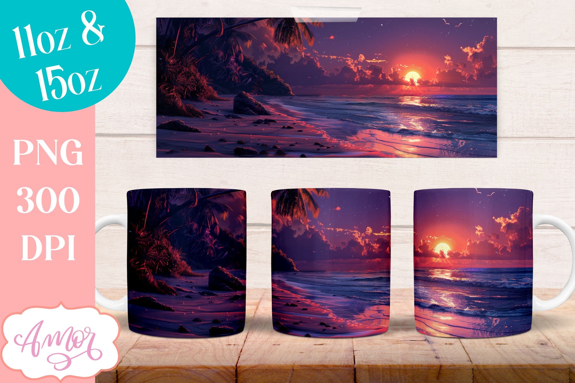 BUNDLE Beach sunset Mug Wrap for Sublimation | Nightfall at sea mug wrap