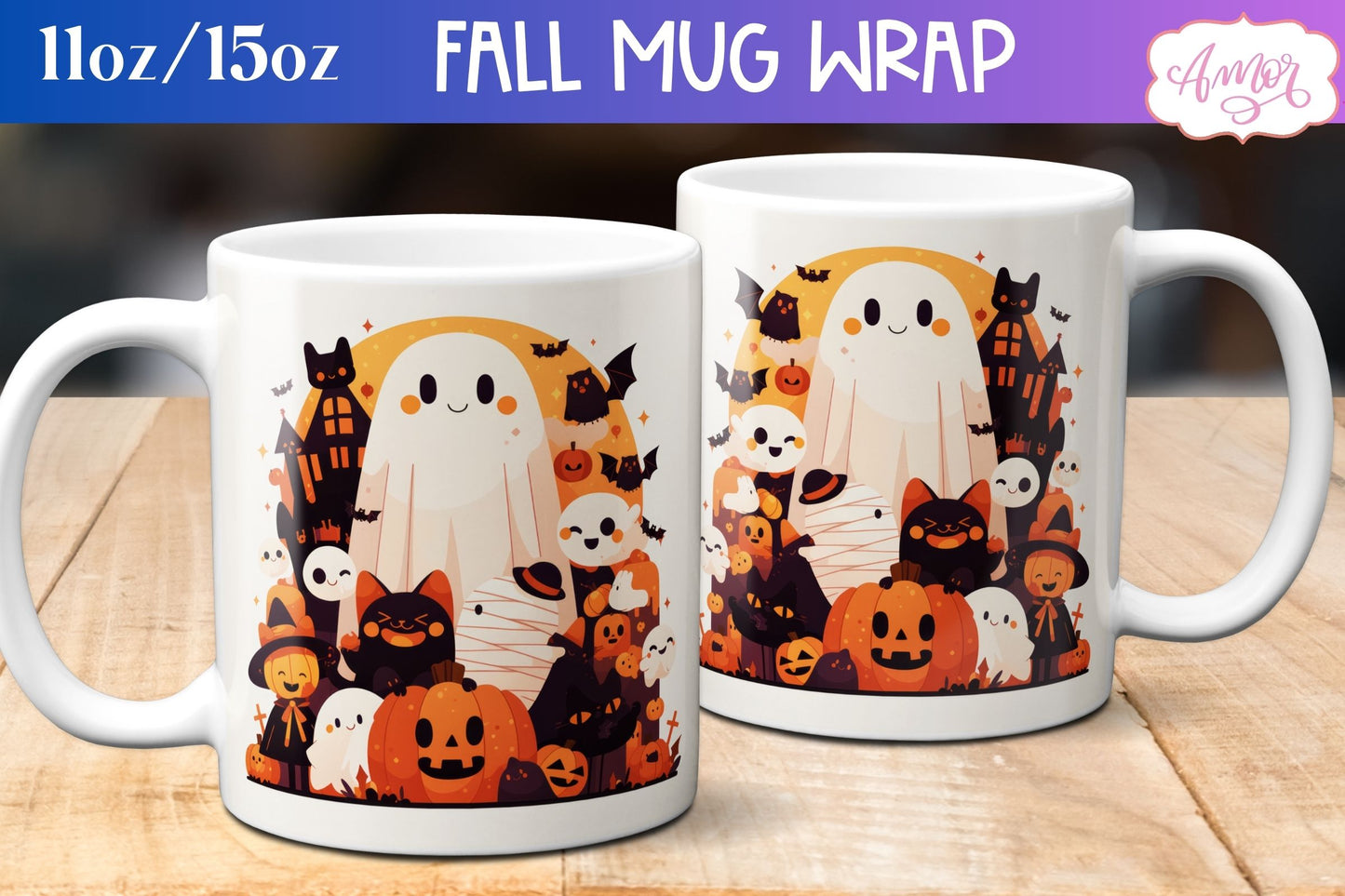 Cute Halloween mug wrap sublimation PNG | Spooky cute mug BUNDLE