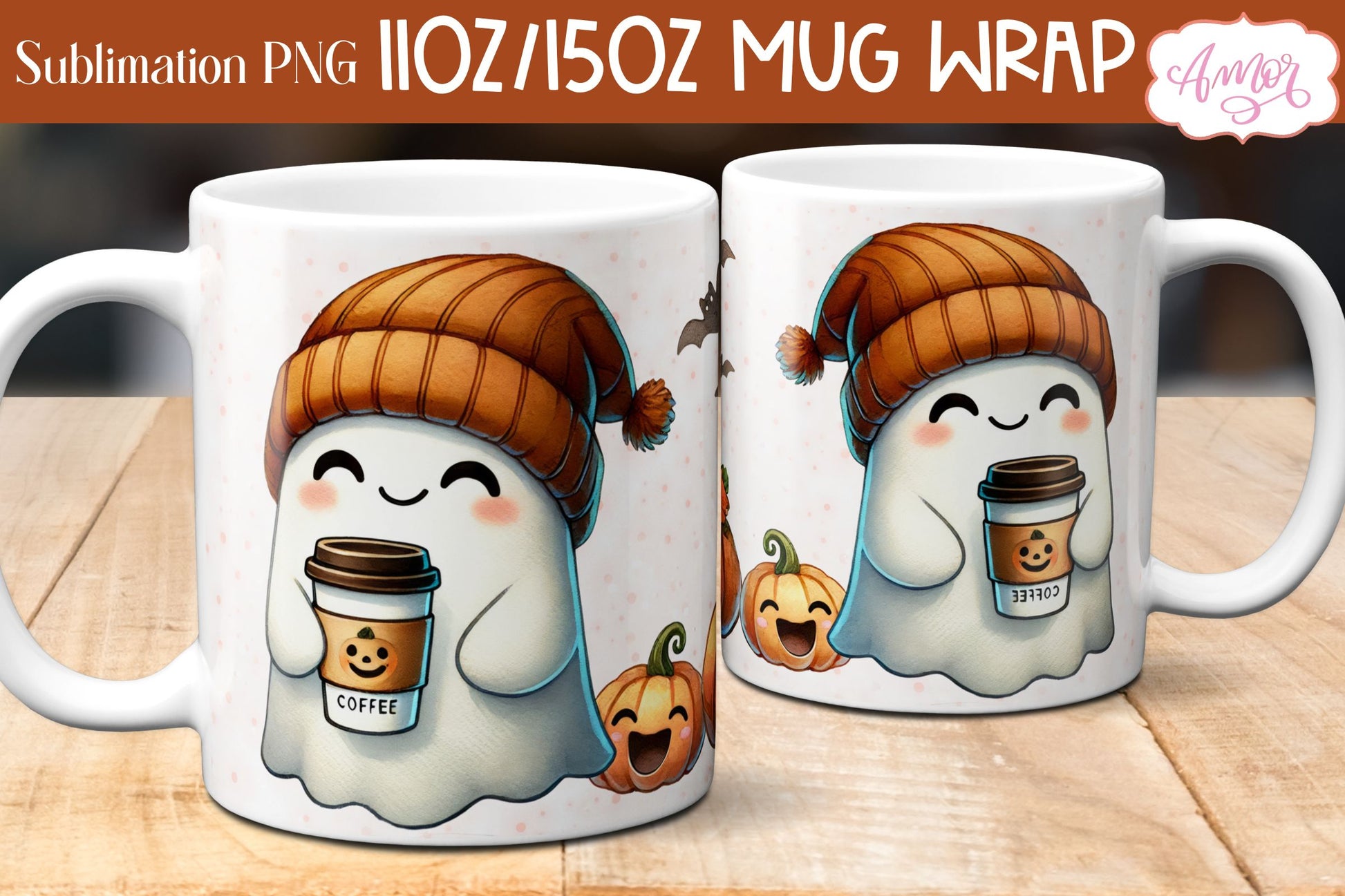 Cute fall mug wrap PNG for sublimation | Halloween ghost mug