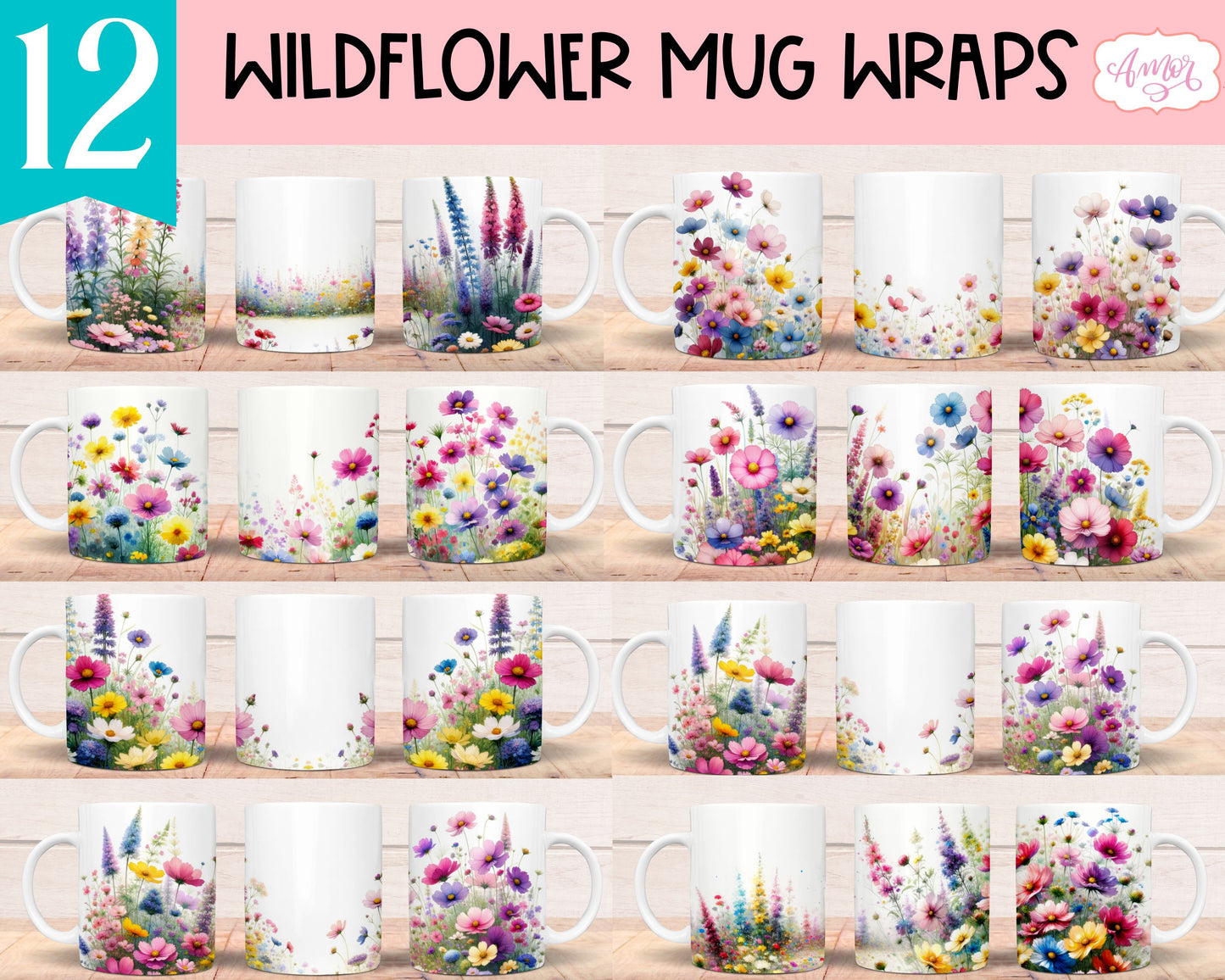 Wildflowers Garden Mug Wrap PNG for Sublimation BUNDLE