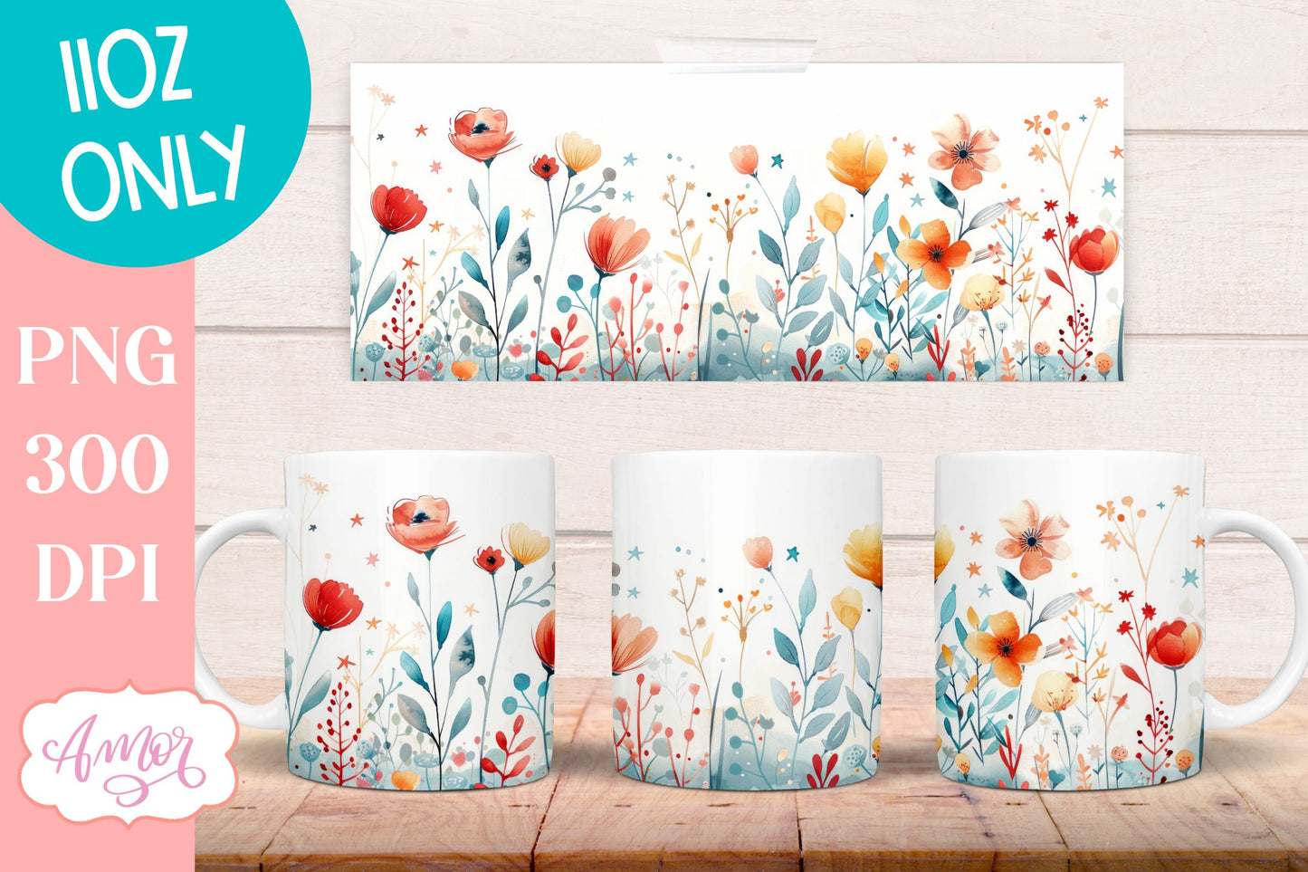 Wildflowers Mug Wrap for Sublimation | Spring mug png 11oz