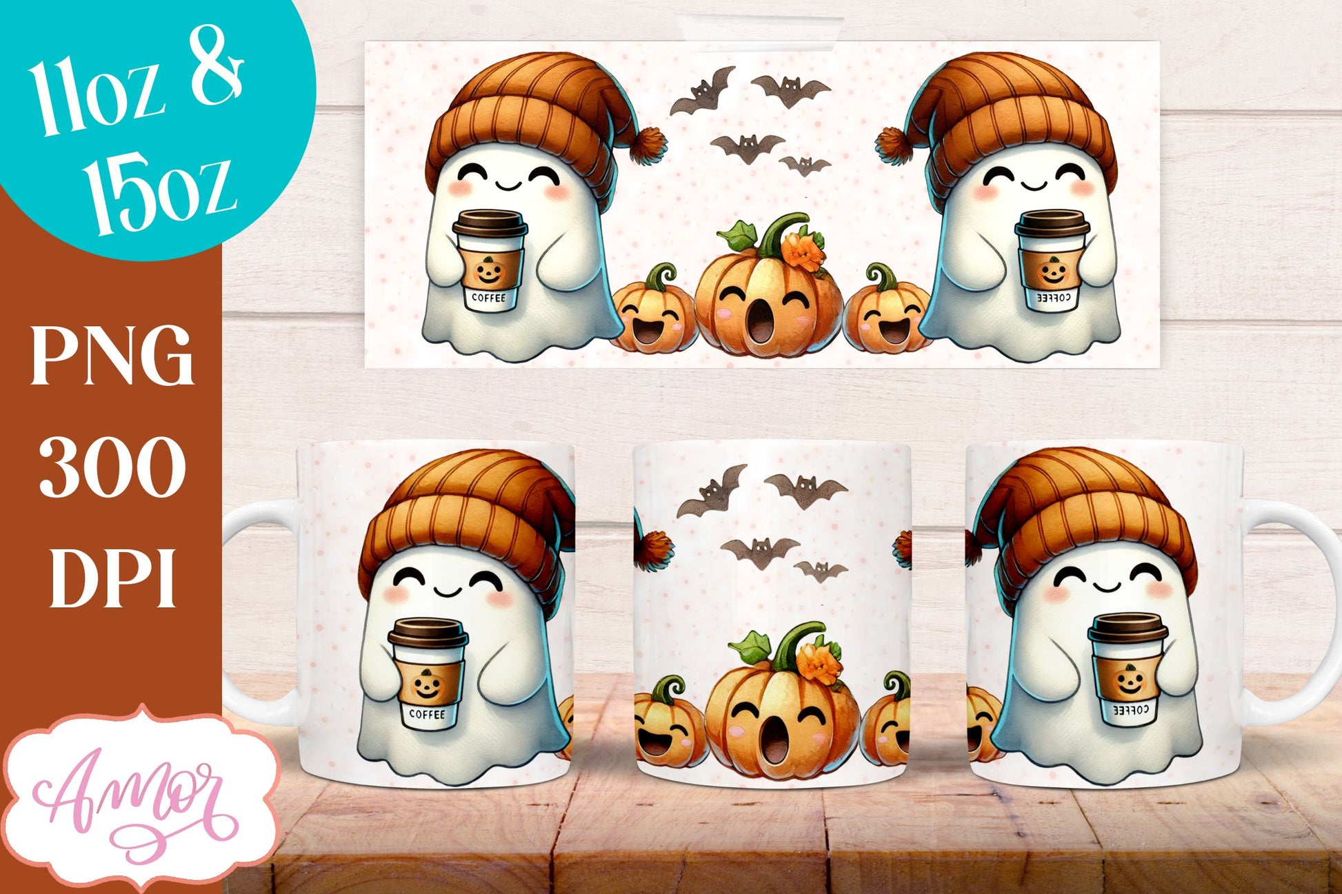 Cute fall mug wrap PNG for sublimation | Halloween ghost mug