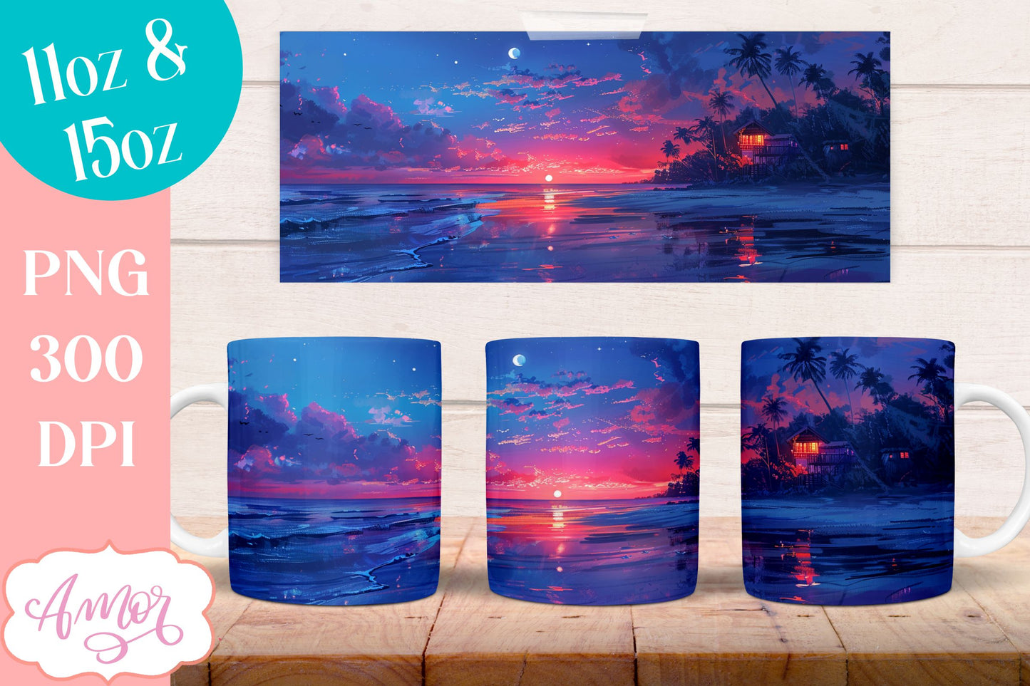 BUNDLE Beach sunset Mug Wrap for Sublimation | Nightfall at sea mug wrap