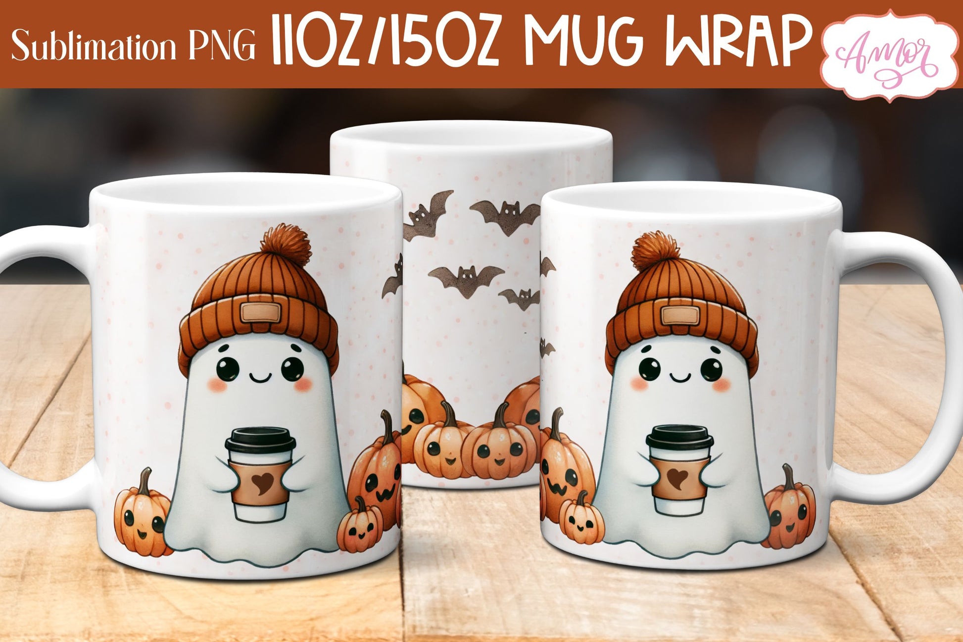 Cute fall mug wrap PNG for sublimation | Halloween ghost mug