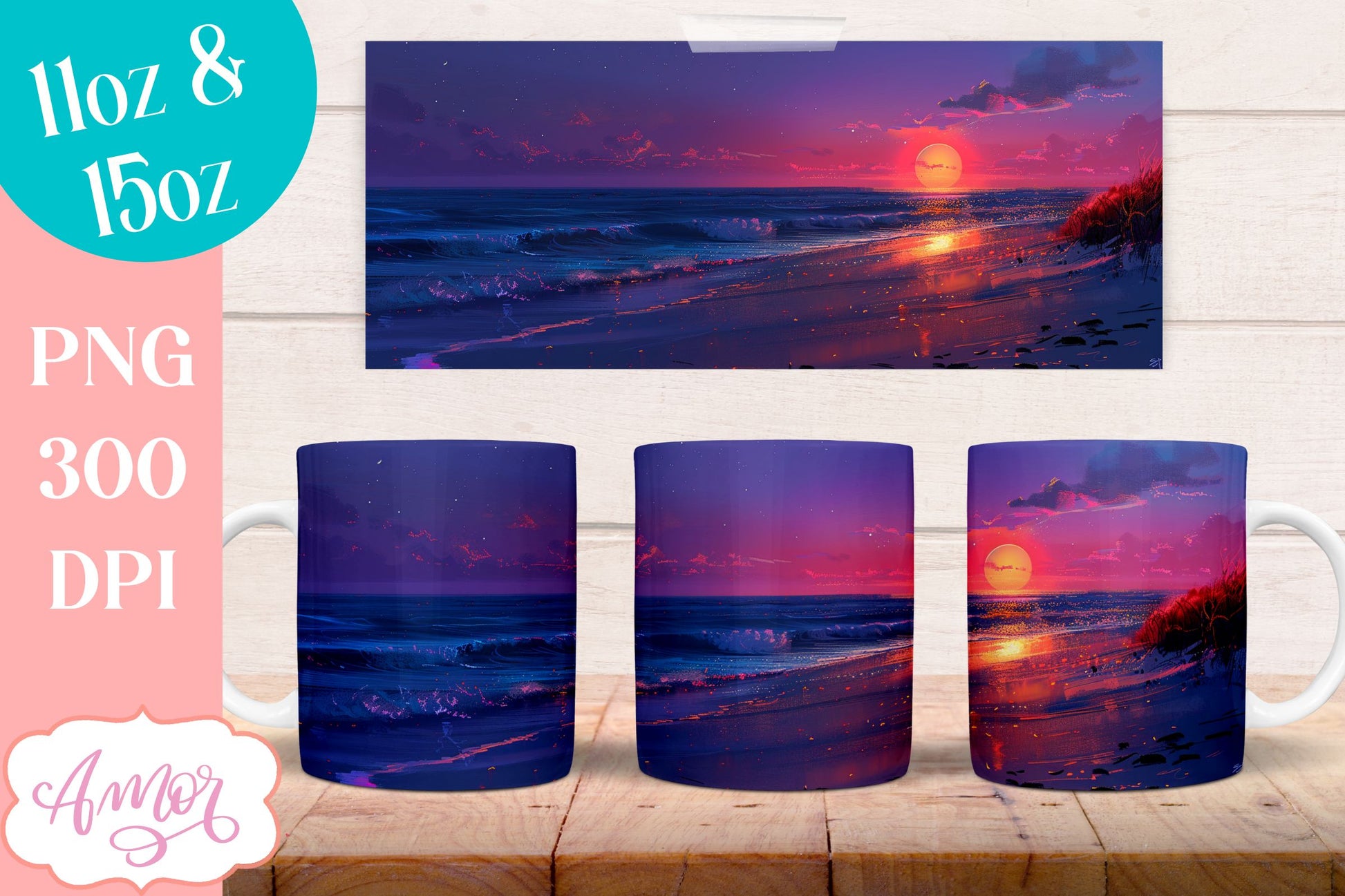 BUNDLE Beach sunset Mug Wrap for Sublimation | Nightfall at sea mug wrap