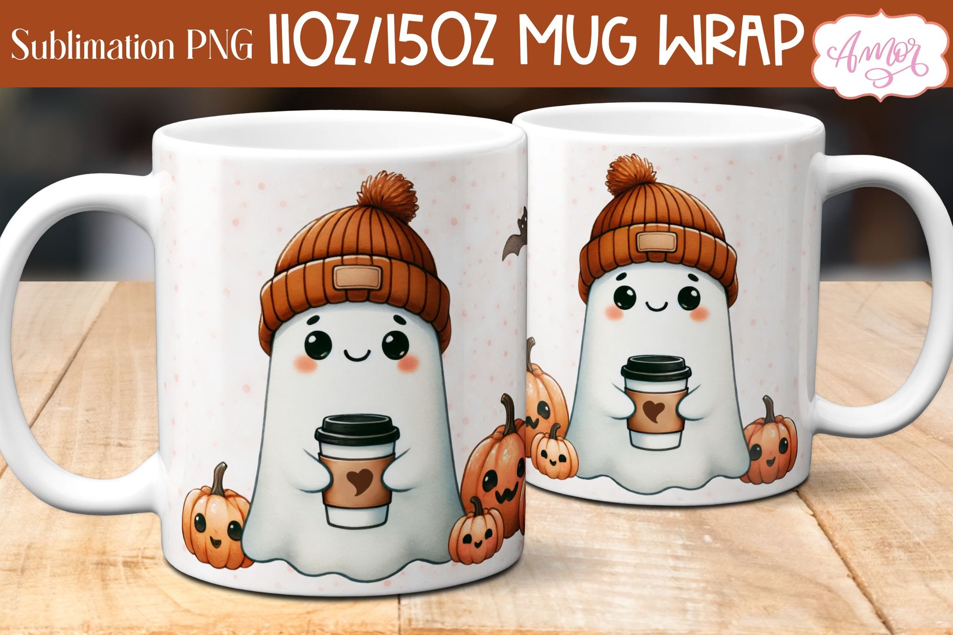 Cute fall mug wrap PNG for sublimation | Halloween ghost mug