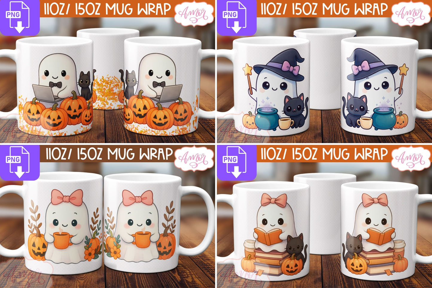 DIGITAL DOWNLOAD BUNDLE Cute ghost mug wrap, Sublimation png