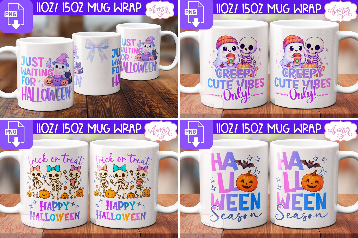 BUNDLE Halloween Mug Wrap PNG, Cute Halloween Mug Template