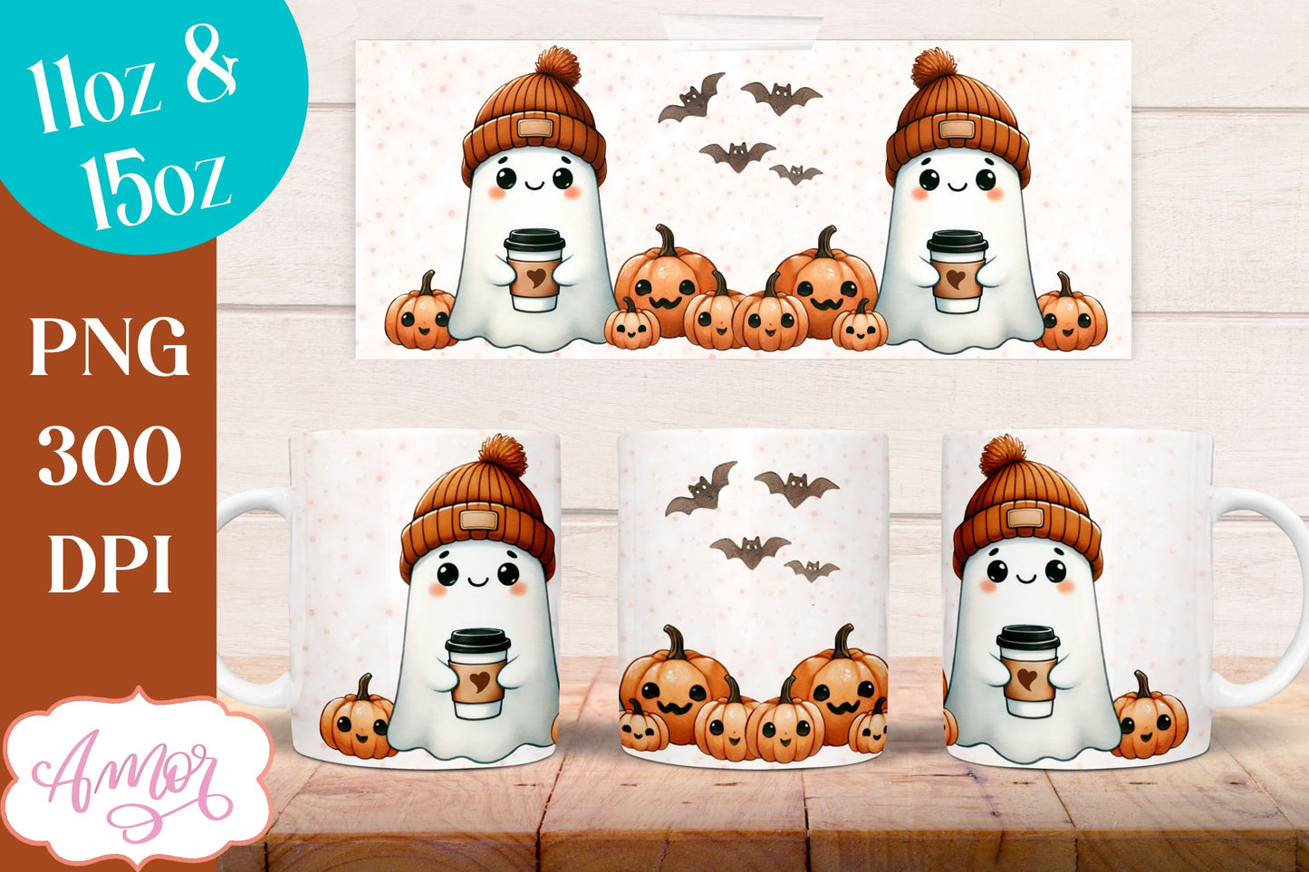 Cute fall mug wrap PNG for sublimation | Halloween ghost mug