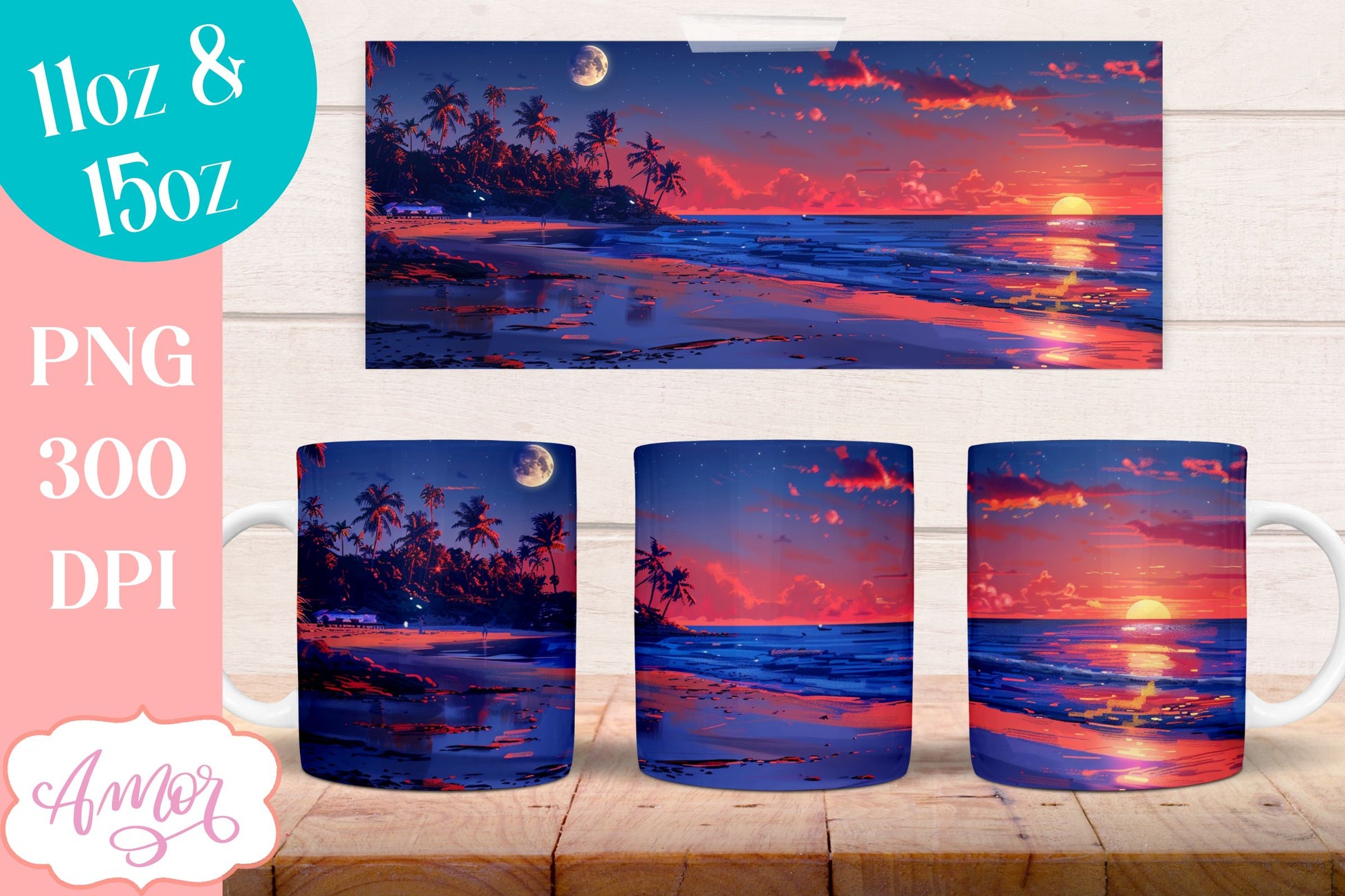 BUNDLE Beach sunset Mug Wrap for Sublimation | Nightfall at sea mug wrap