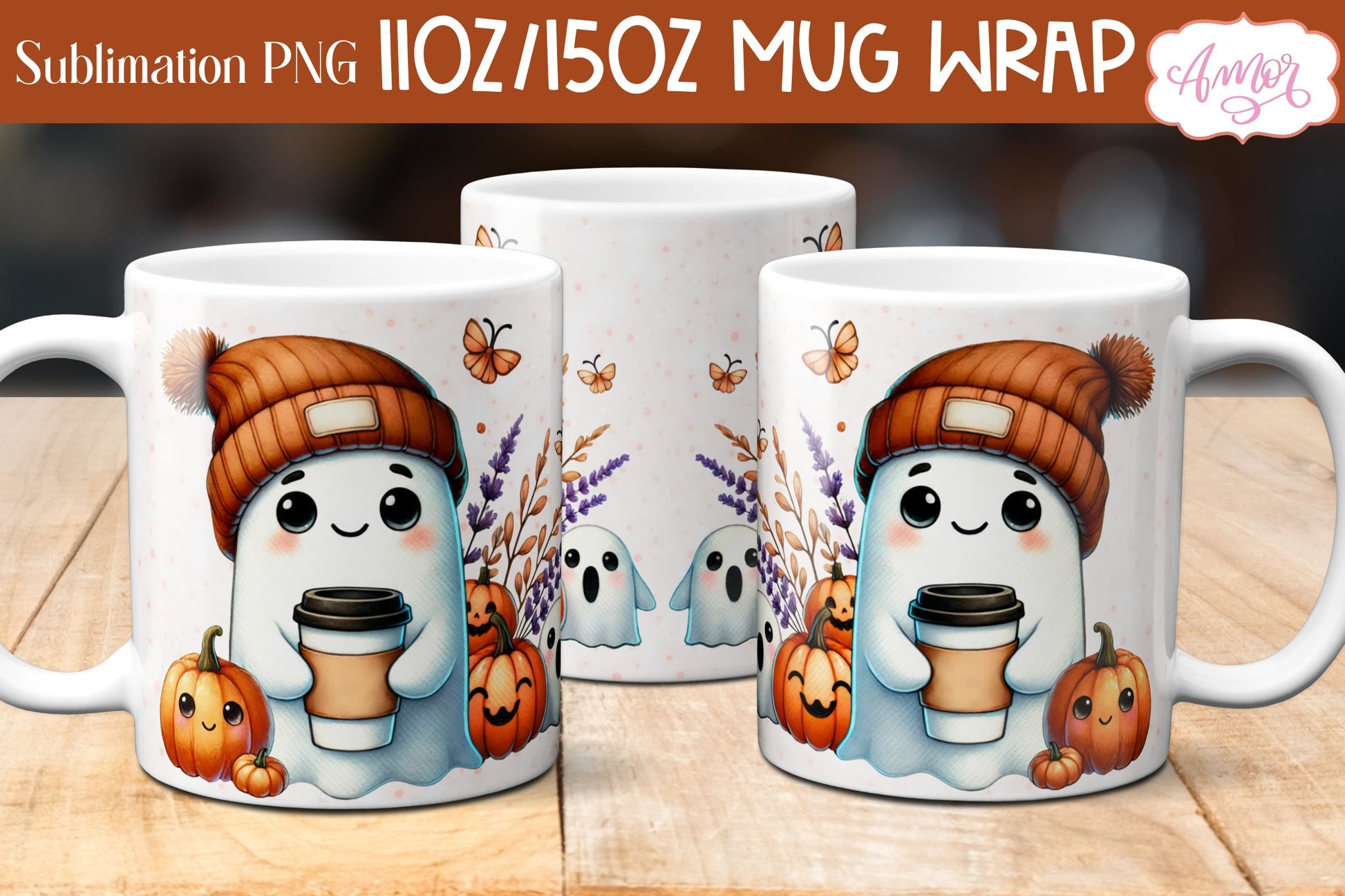 Cute fall mug wrap PNG for sublimation | Halloween ghost mug