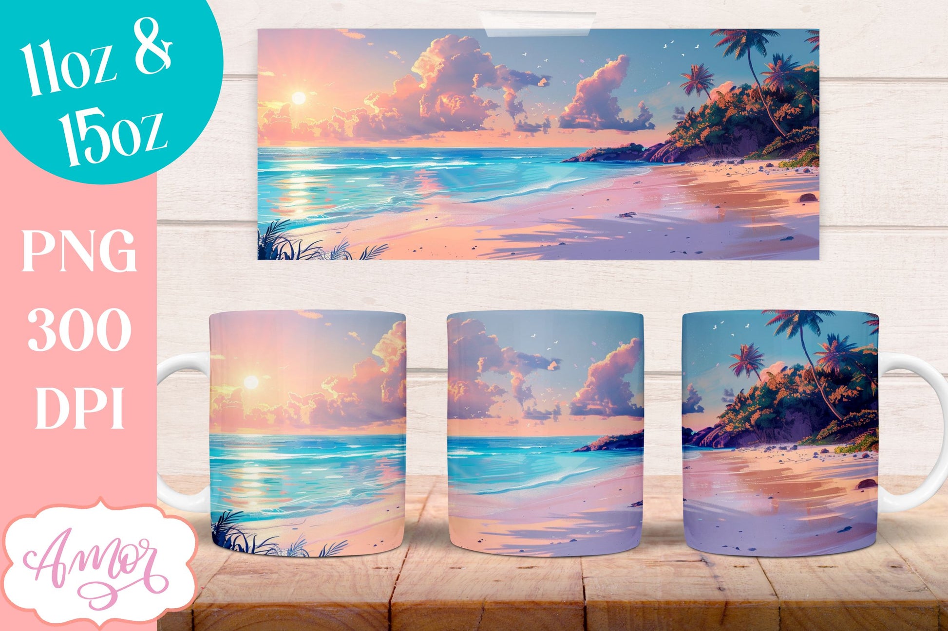 BUNDLE Beach sunset Mug Wrap for Sublimation | Nightfall at sea mug wrap