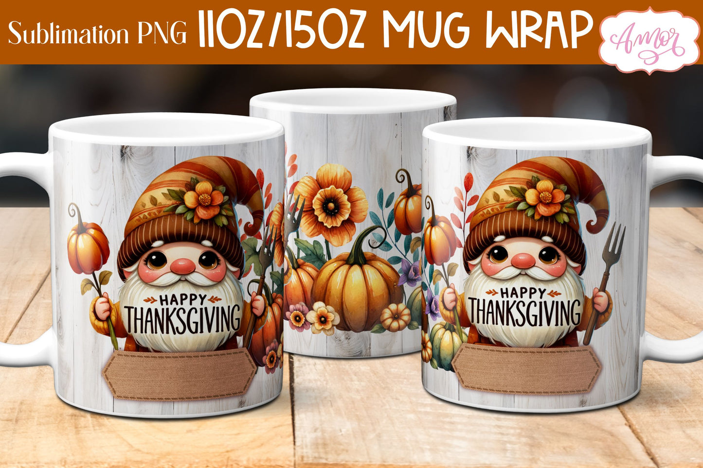 Happy Thanksgiving mug wrap PNG for sublimation | Fall gnome