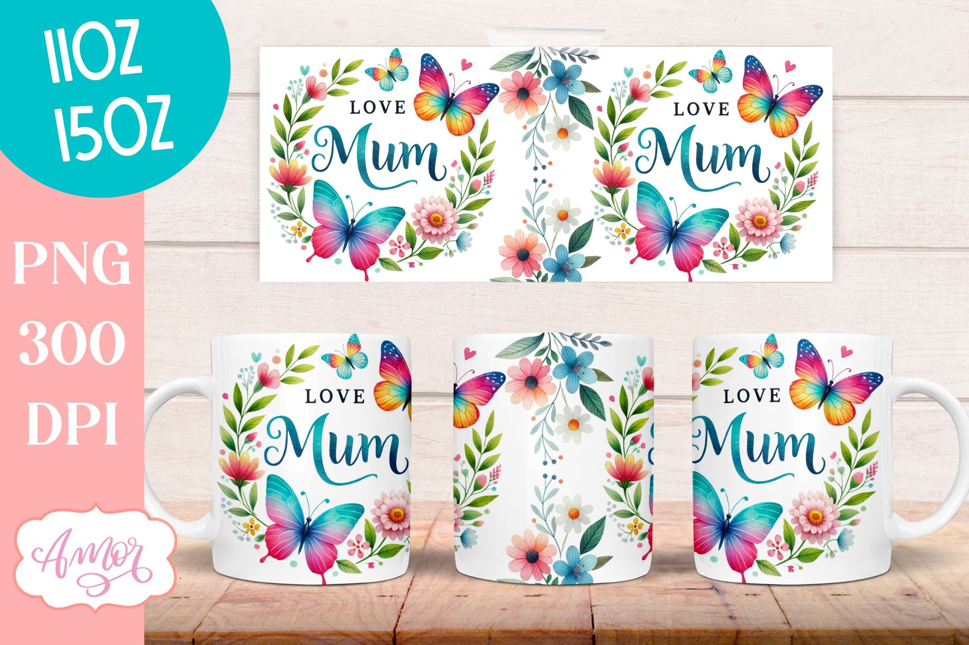 Love mum mug wrap for sublimation | Floral coffee mug PNG