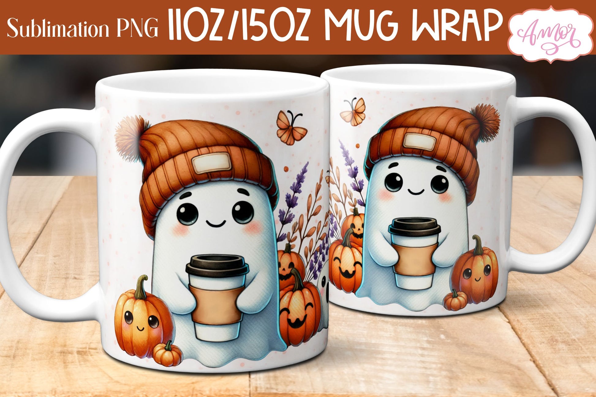 Cute fall mug wrap PNG for sublimation | Halloween ghost mug