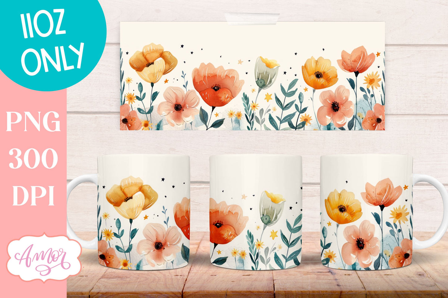 Wildflowers Mug Wrap for Sublimation | Spring mug png 11oz