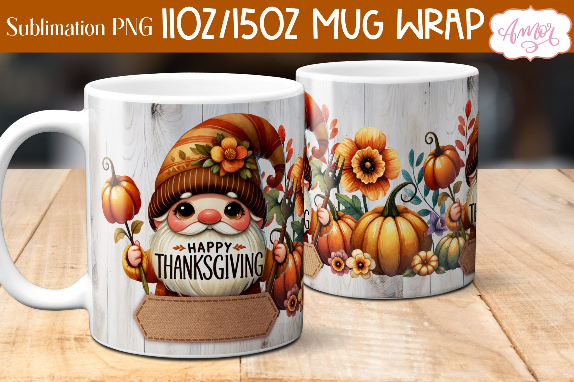 Happy Thanksgiving mug wrap PNG for sublimation | Fall gnome