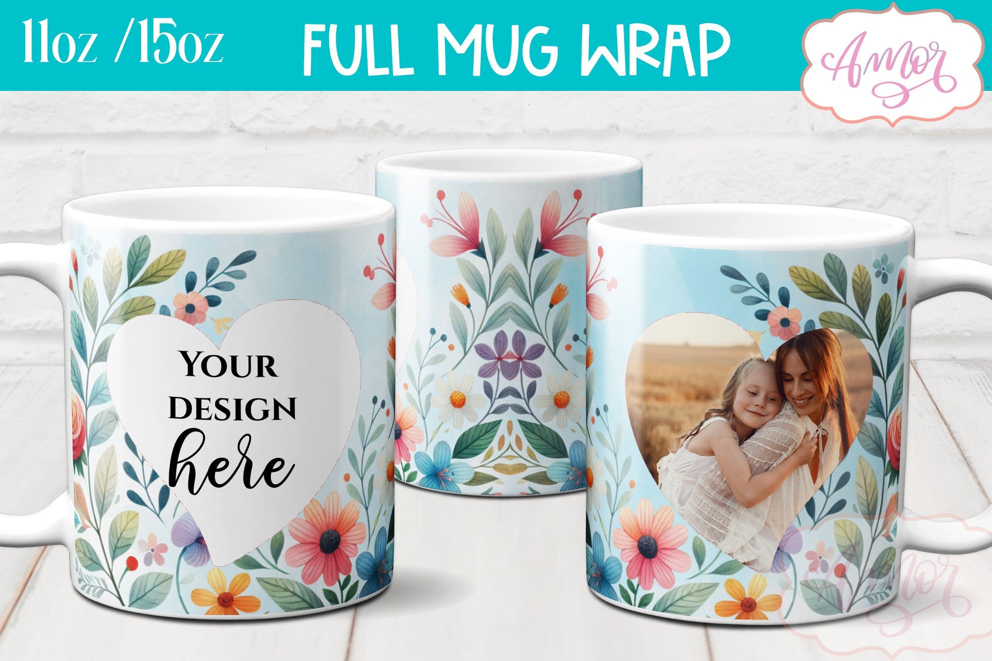 Floral photo mug template for sublimation customizable