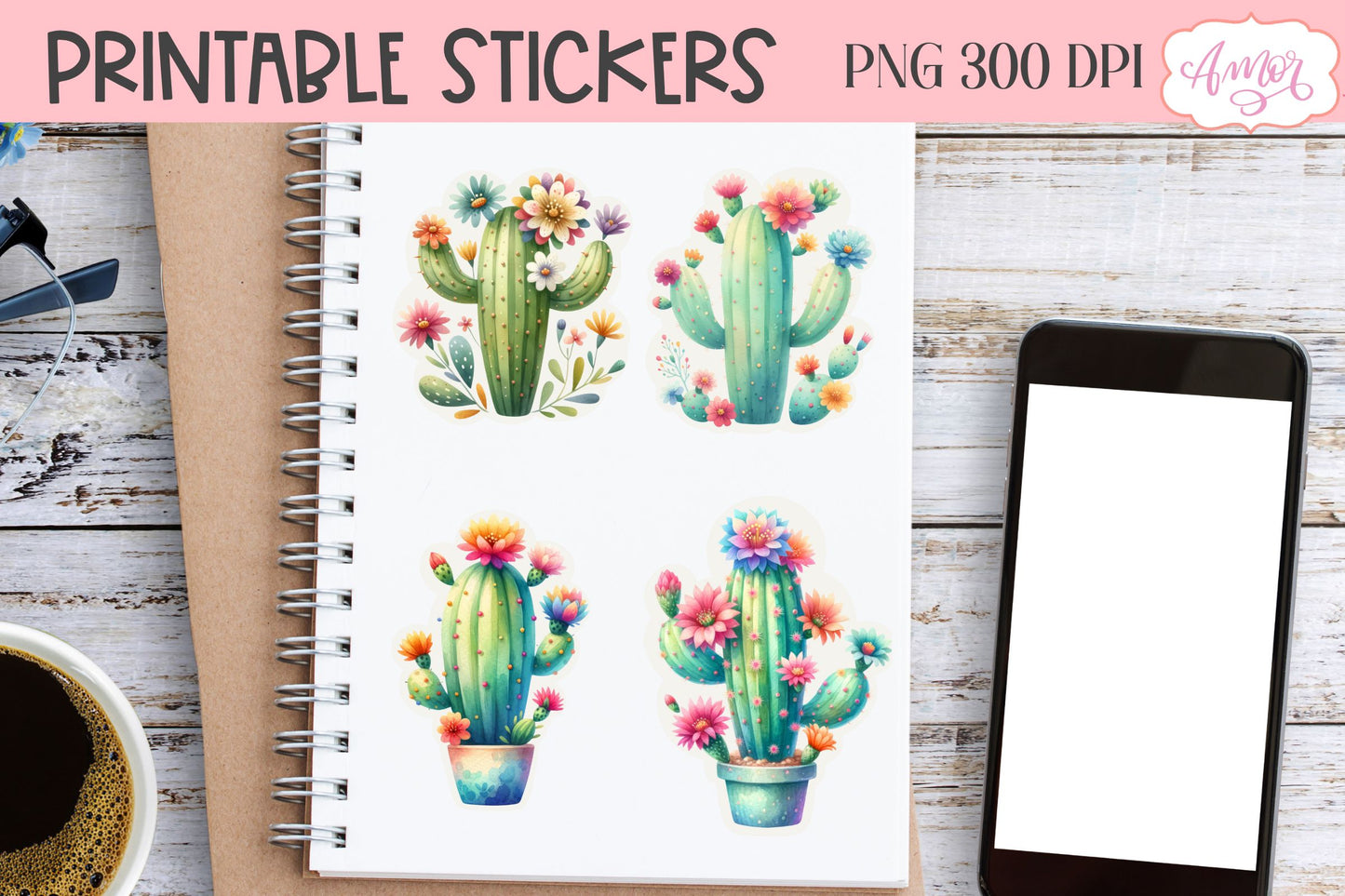 Watercolor cactus stickers for Cricut Print and Cut