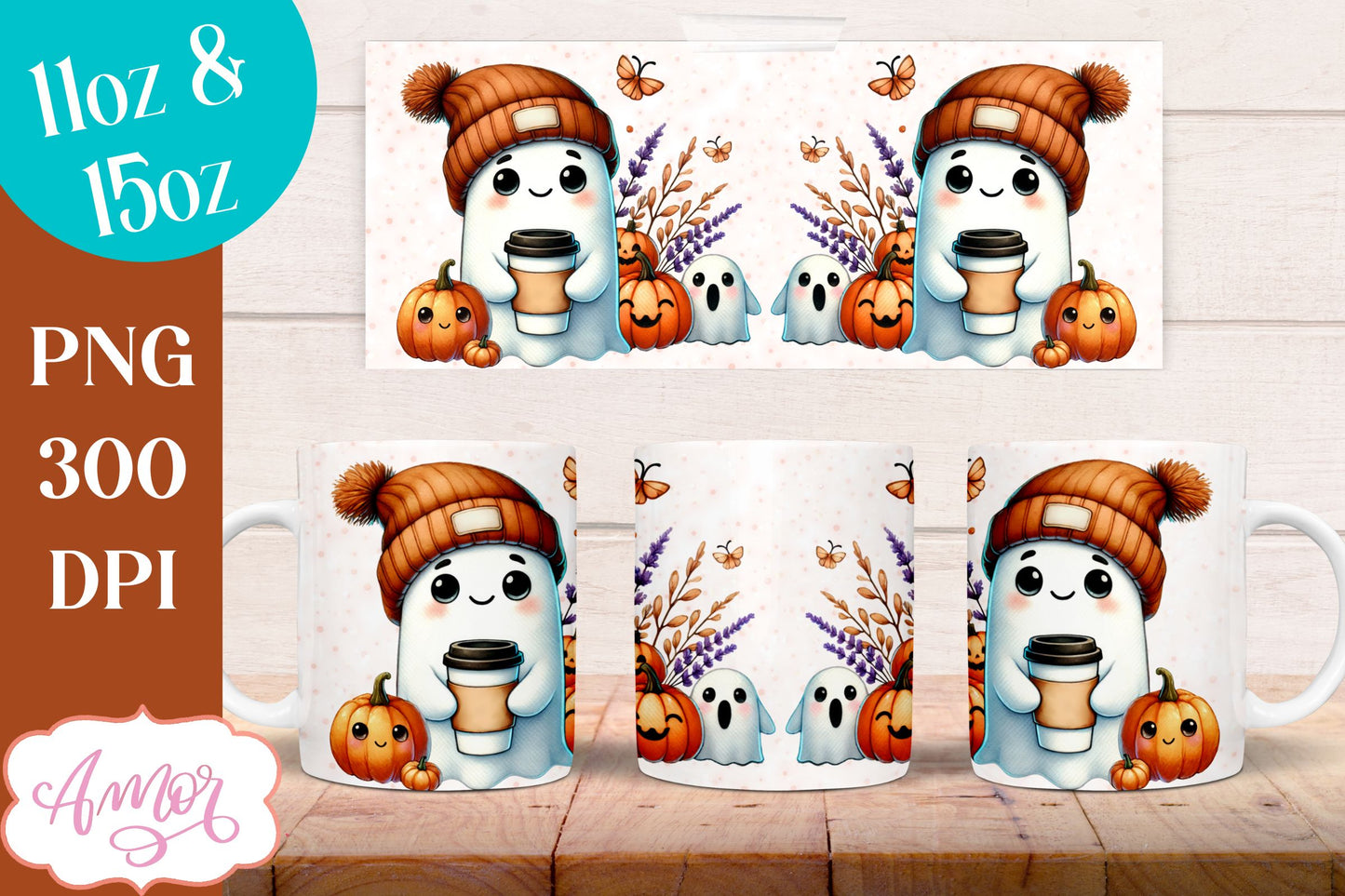 Cute fall mug wrap PNG for sublimation | Halloween ghost mug