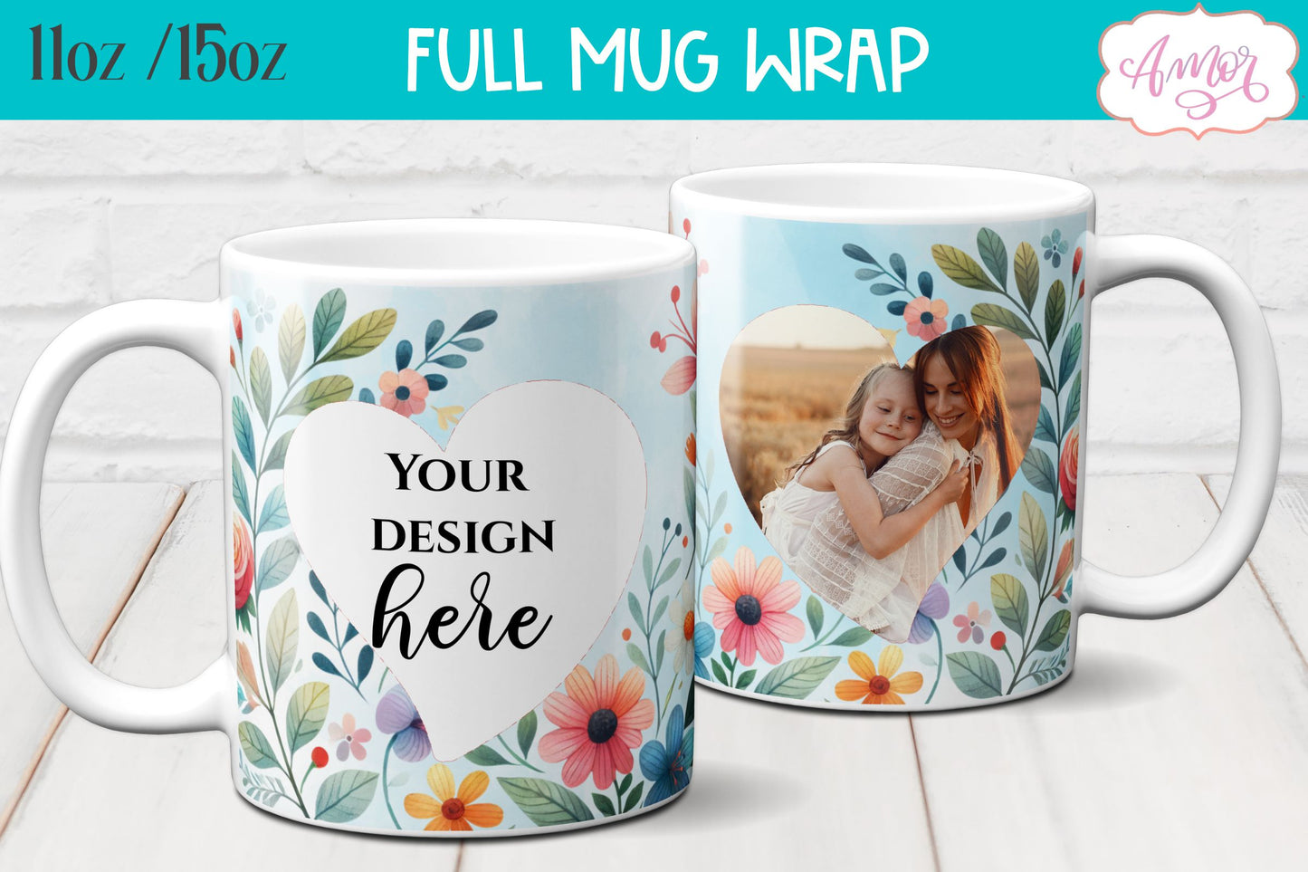 Floral photo mug template for sublimation customizable