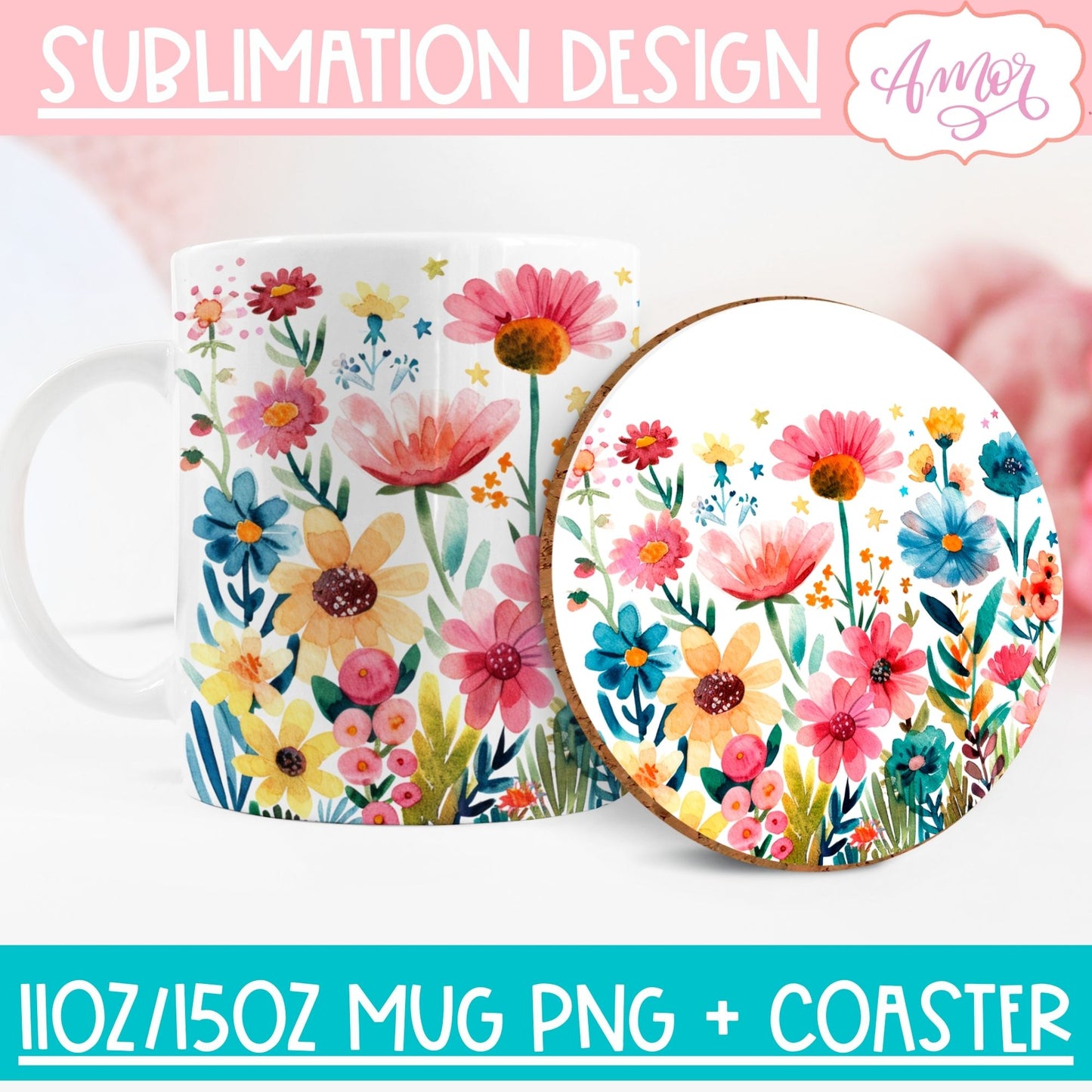 Wildflowers mug wrap and coaster PNG for Sublimation BUNDLE