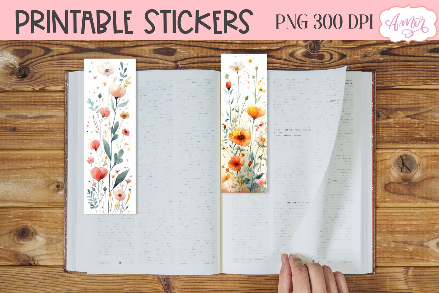 Watercolor wildflowers bookmark PNG printable | 4 PNG