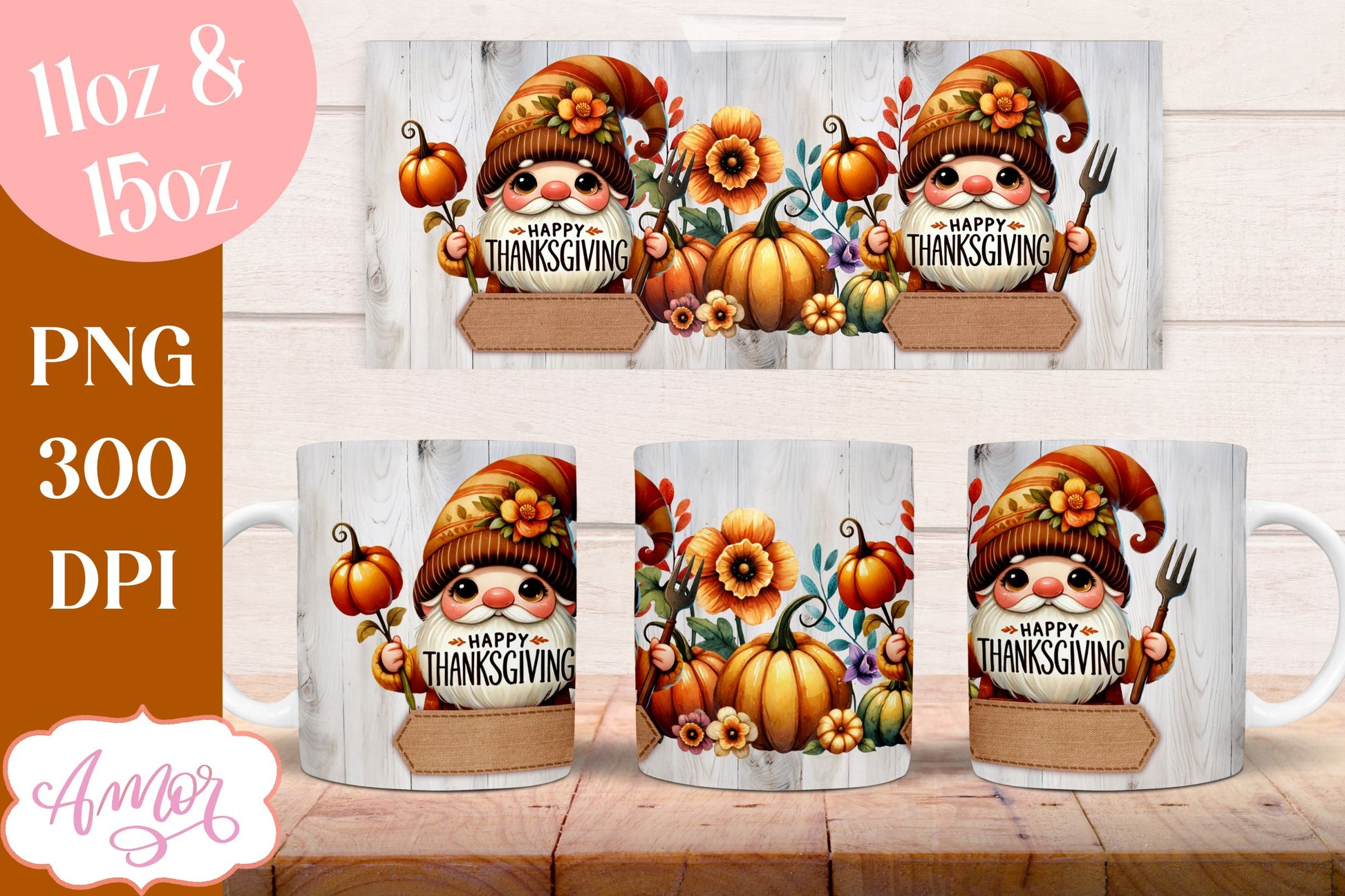 Happy Thanksgiving mug wrap PNG for sublimation | Fall gnome