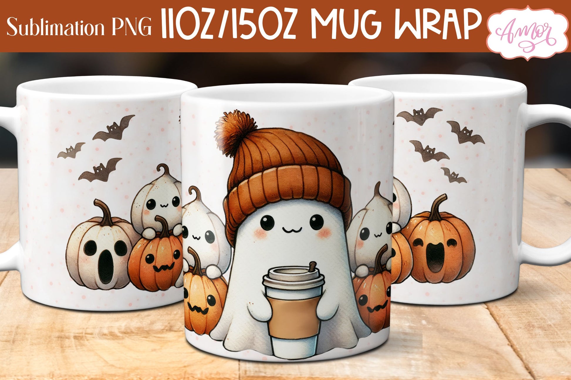 Cute fall mug wrap PNG for sublimation | Halloween ghost mug