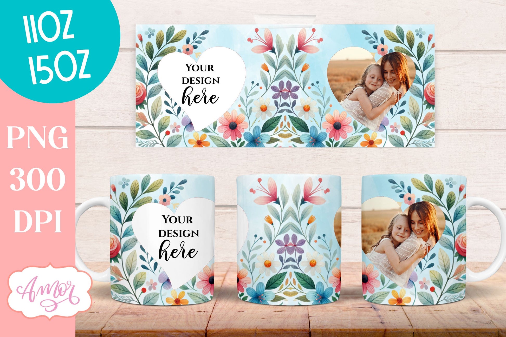 Floral photo mug template for sublimation customizable