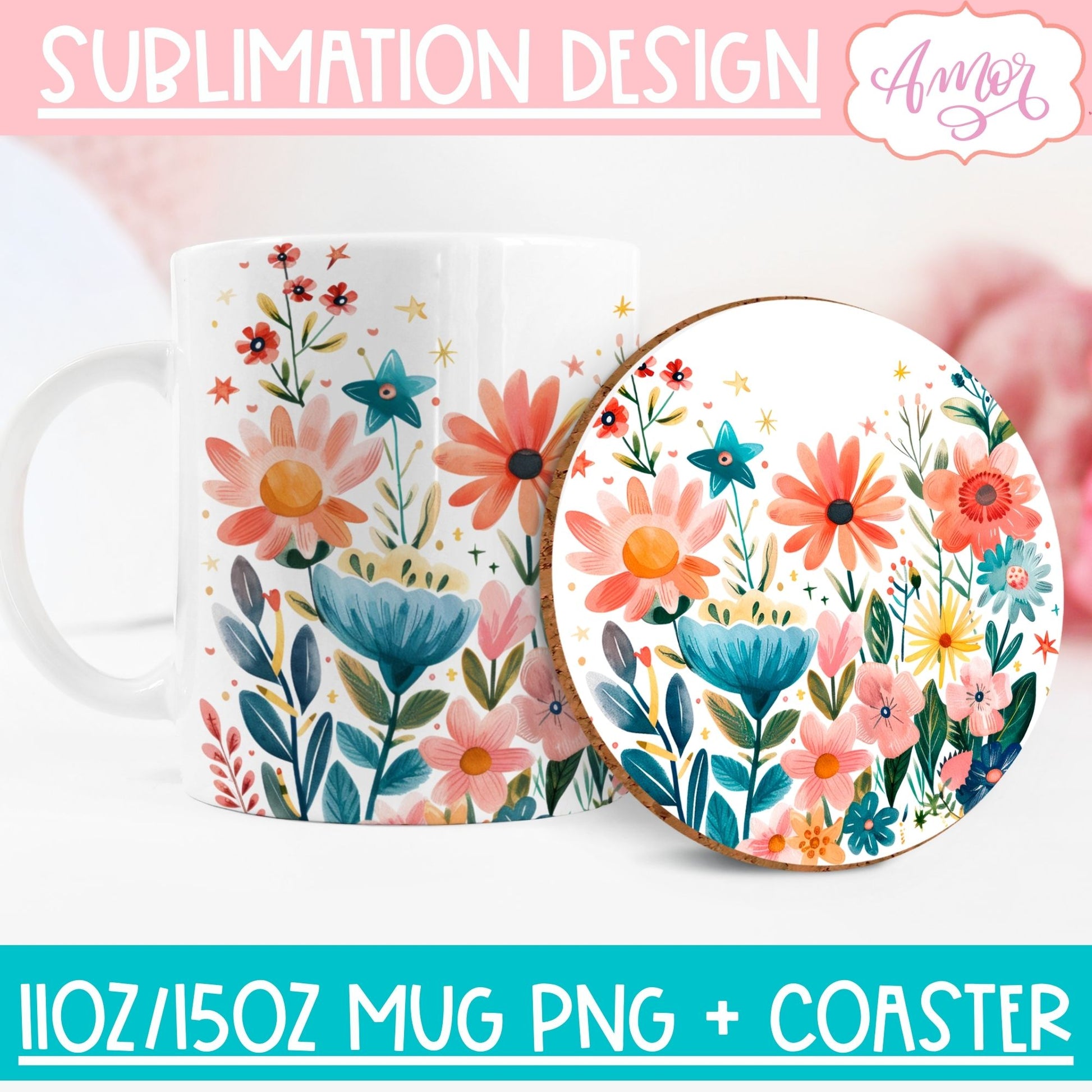 Wildflowers mug wrap and coaster PNG for Sublimation BUNDLE