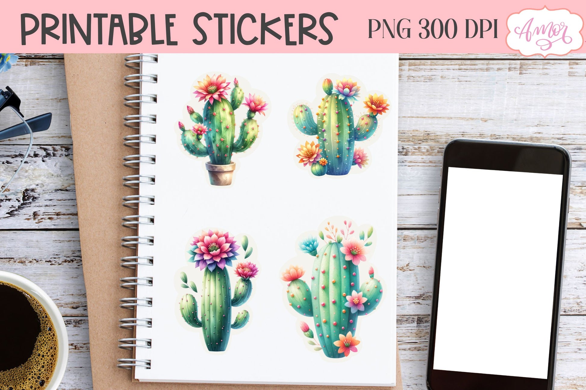 Watercolor cactus stickers for Cricut Print and Cut