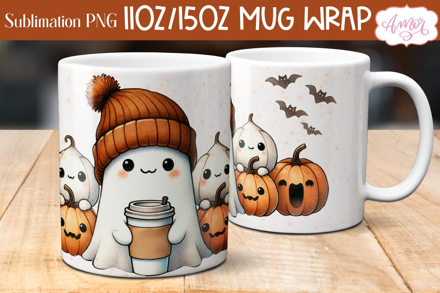 Cute fall mug wrap PNG for sublimation | Halloween ghost mug