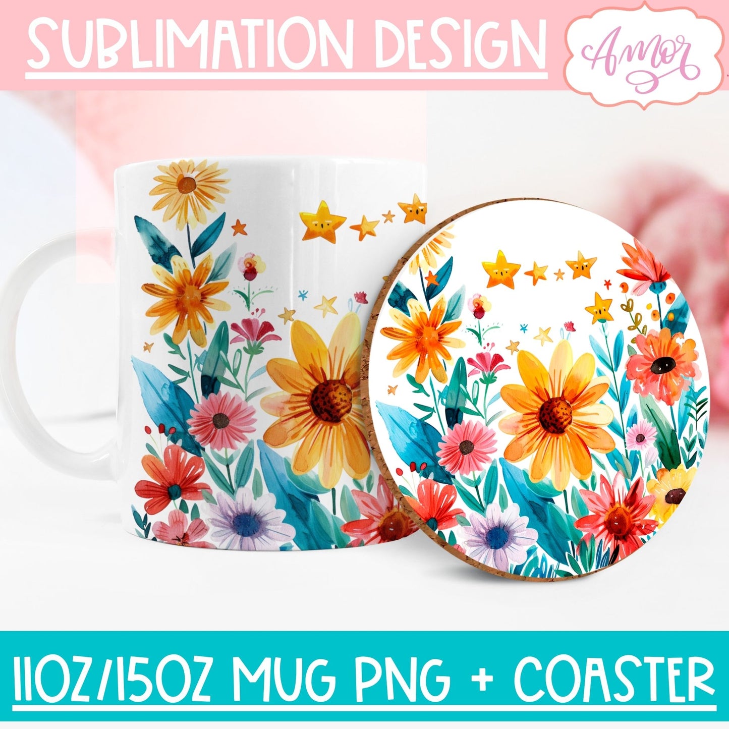 Wildflowers mug wrap and coaster PNG for Sublimation BUNDLE