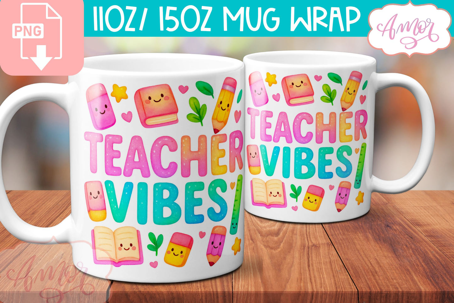 BUNDLE Cute Teacher mug Wraps PNG, cute school mugs template