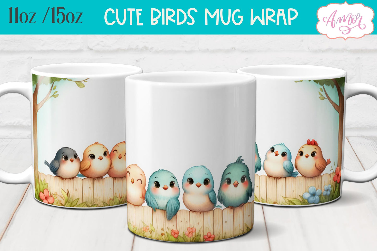 Bundle of 8 Cute watercolor birds mug wraps for sublimation