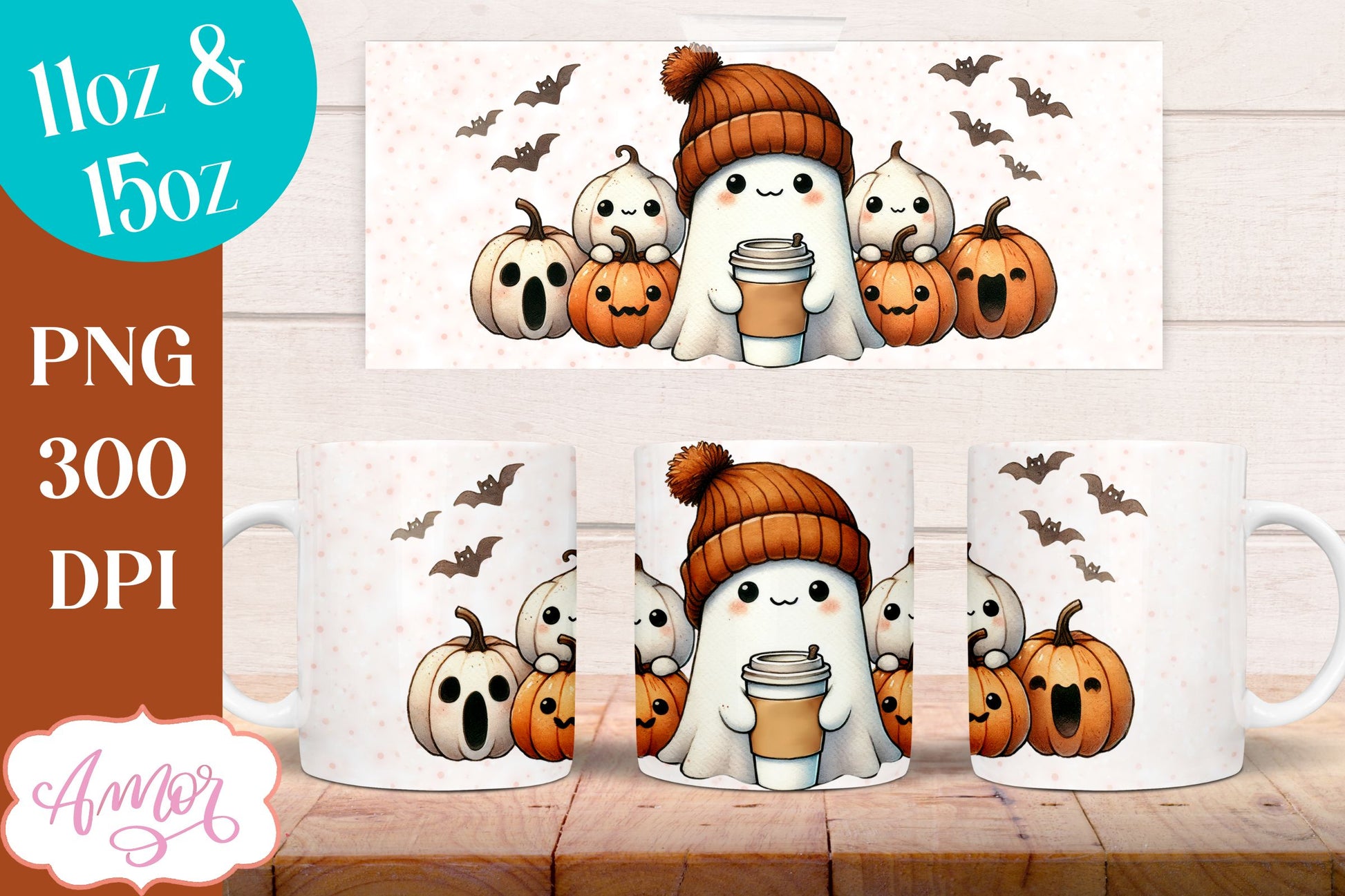 Cute fall mug wrap PNG for sublimation | Halloween ghost mug