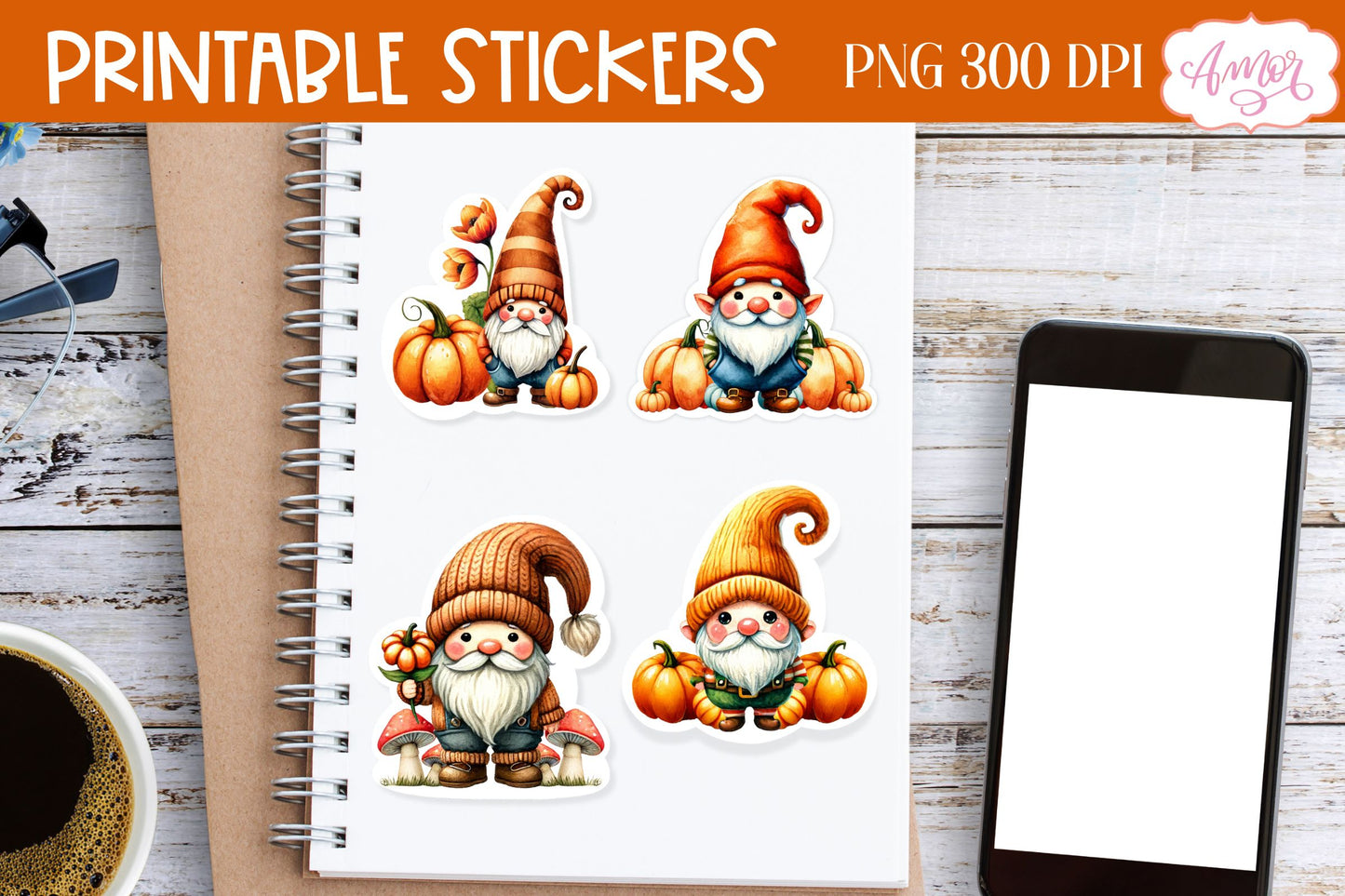 Fall gnome stickers for print then cut on Cricut