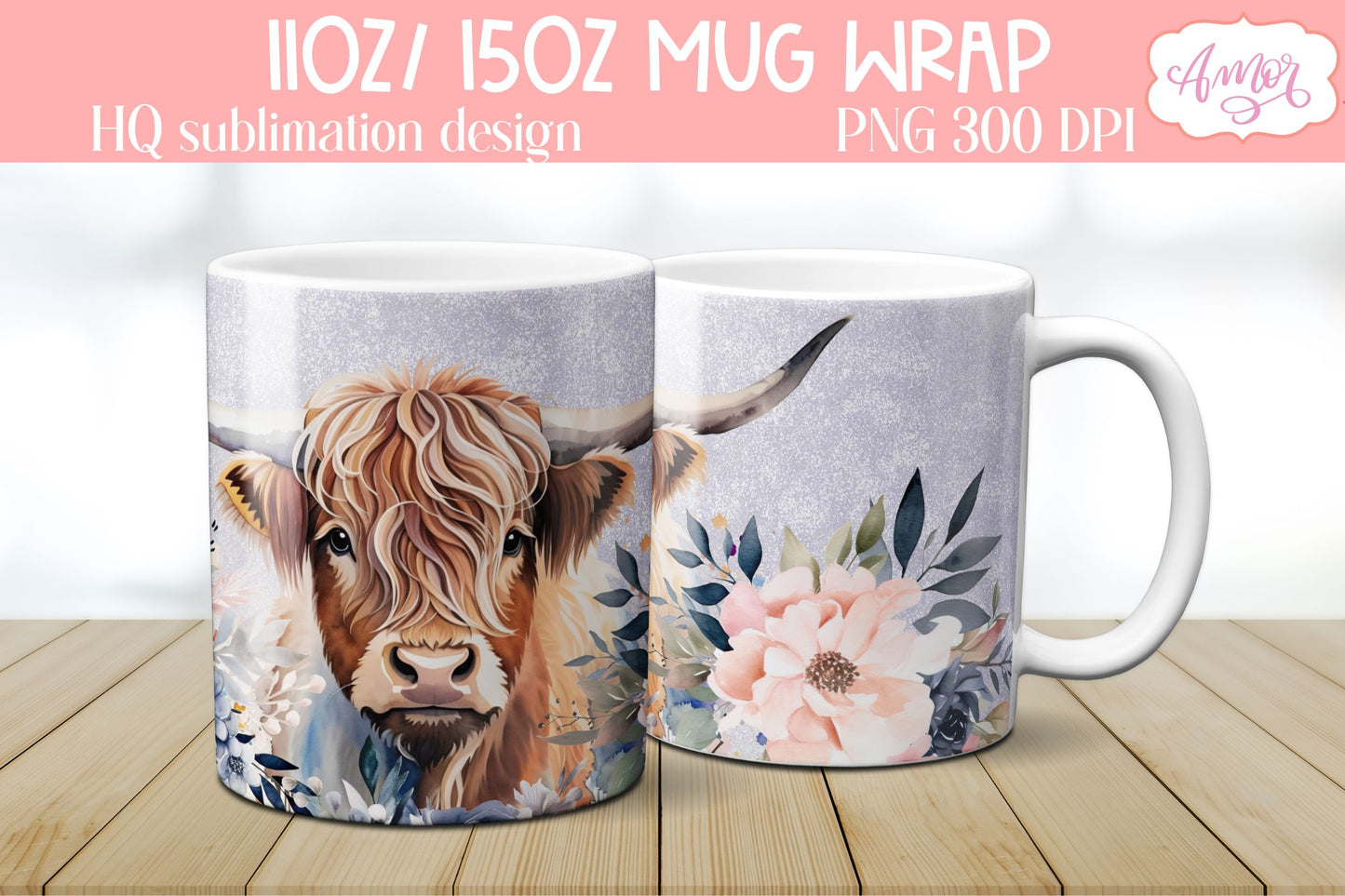 Highland cow mug wrap PNG Sublimation | Floral mug PNG