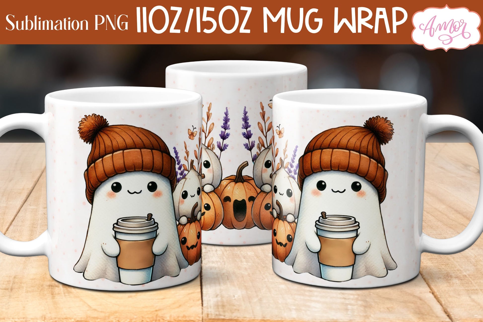 Cute fall mug wrap PNG for sublimation | Halloween ghost mug