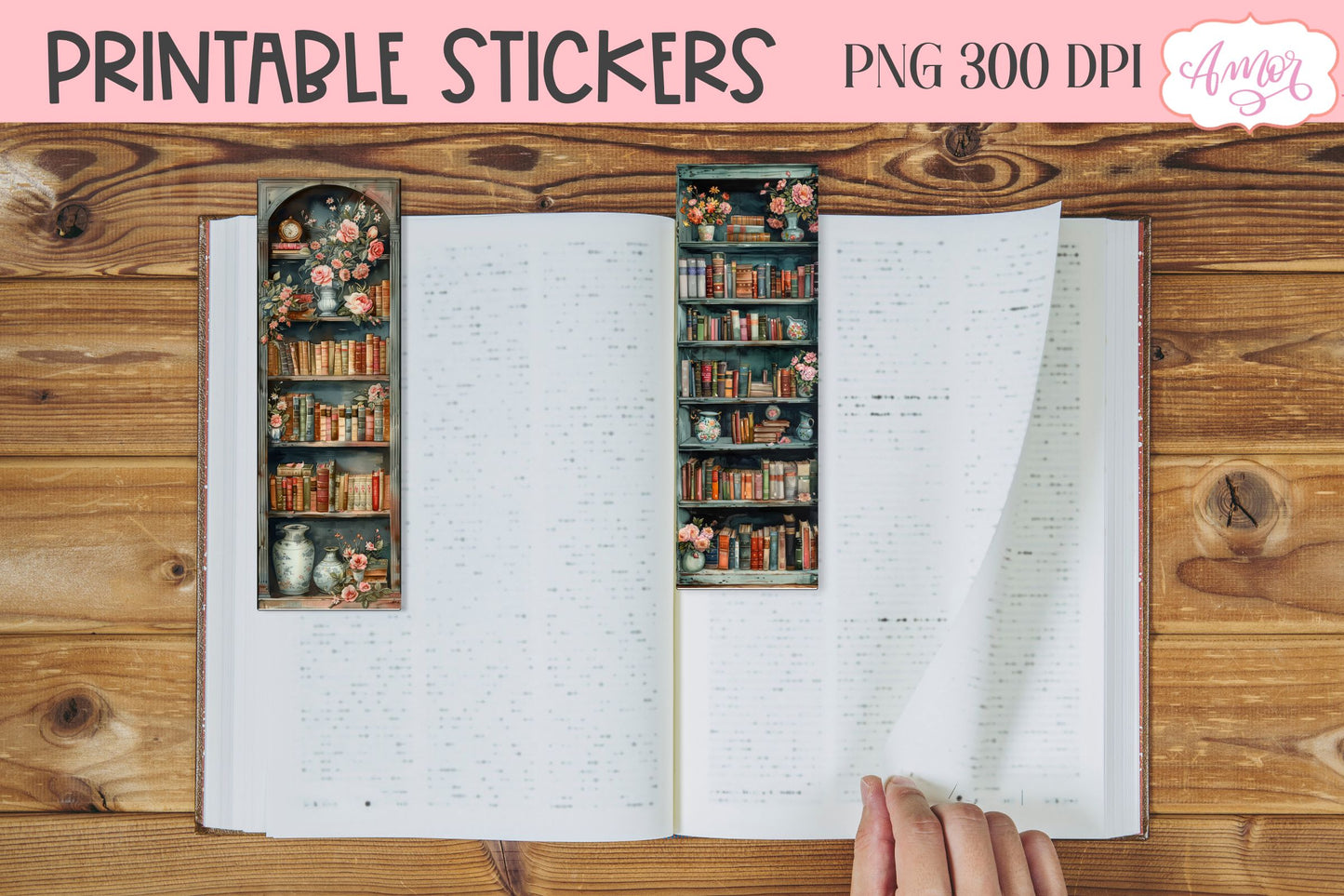 Old book shelves bookmark | Watercolor books PNG printable