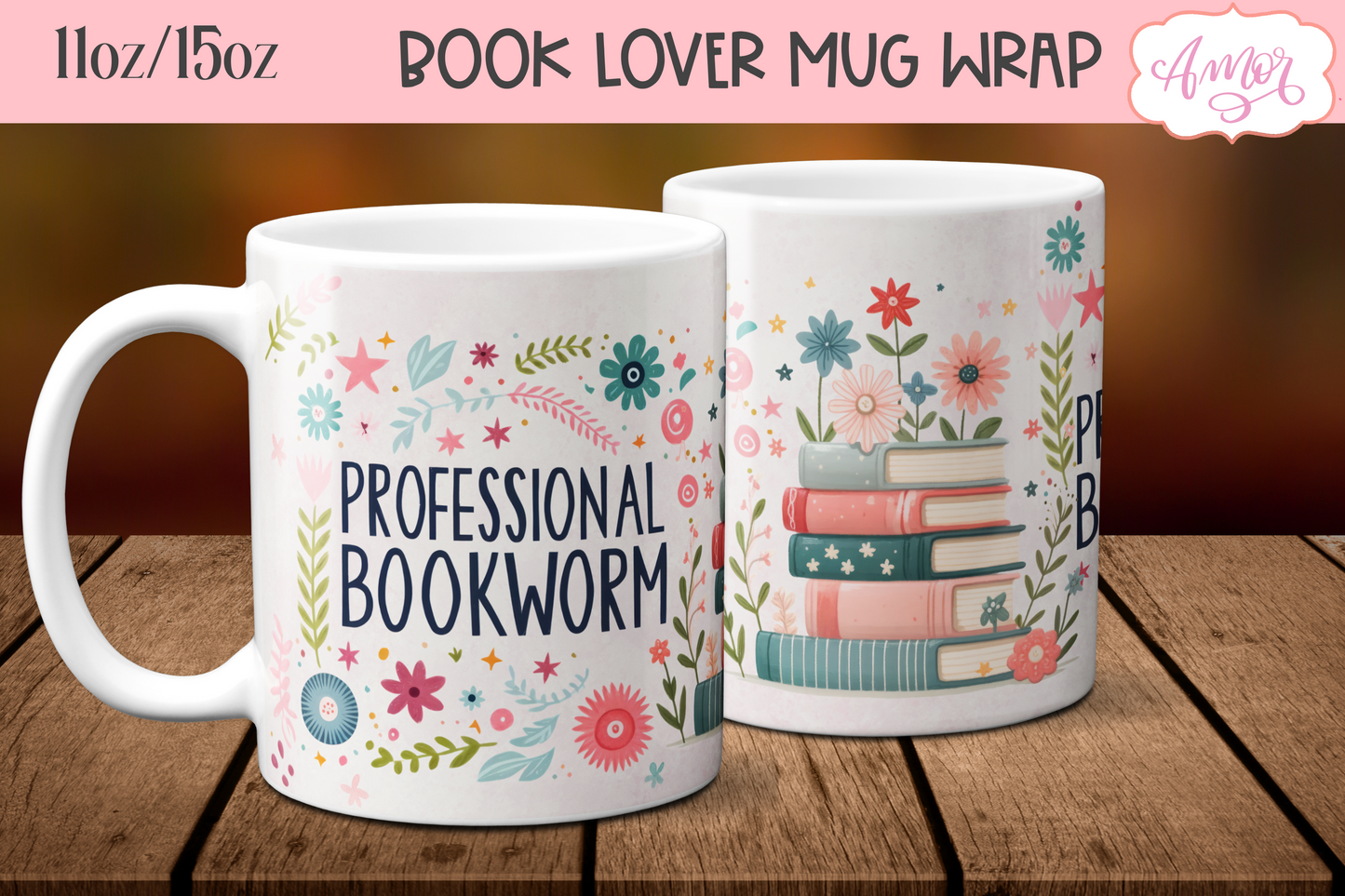 Professional bookworm mug wrap sublimation PNG | Book lover