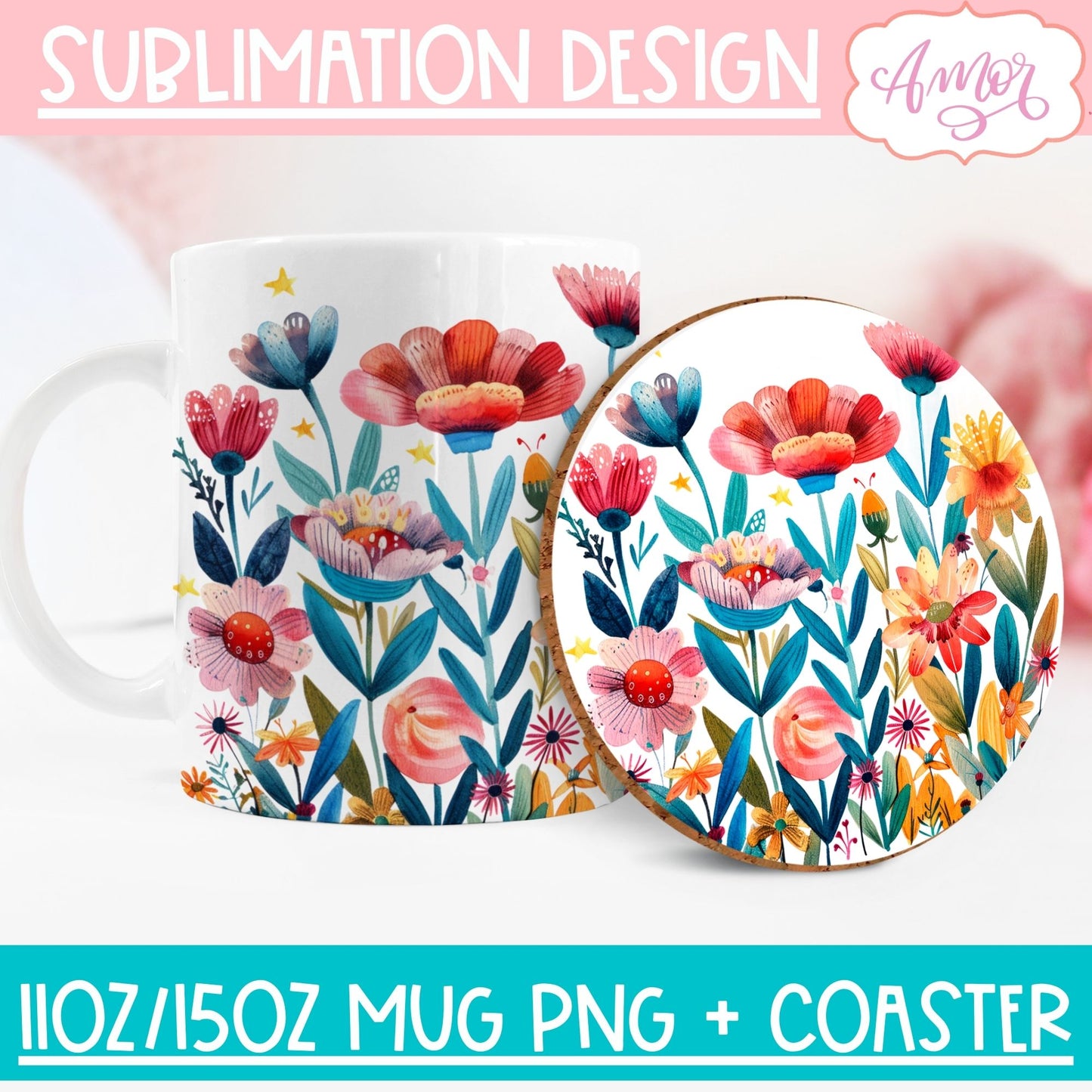 Wildflowers mug wrap and coaster PNG for Sublimation BUNDLE