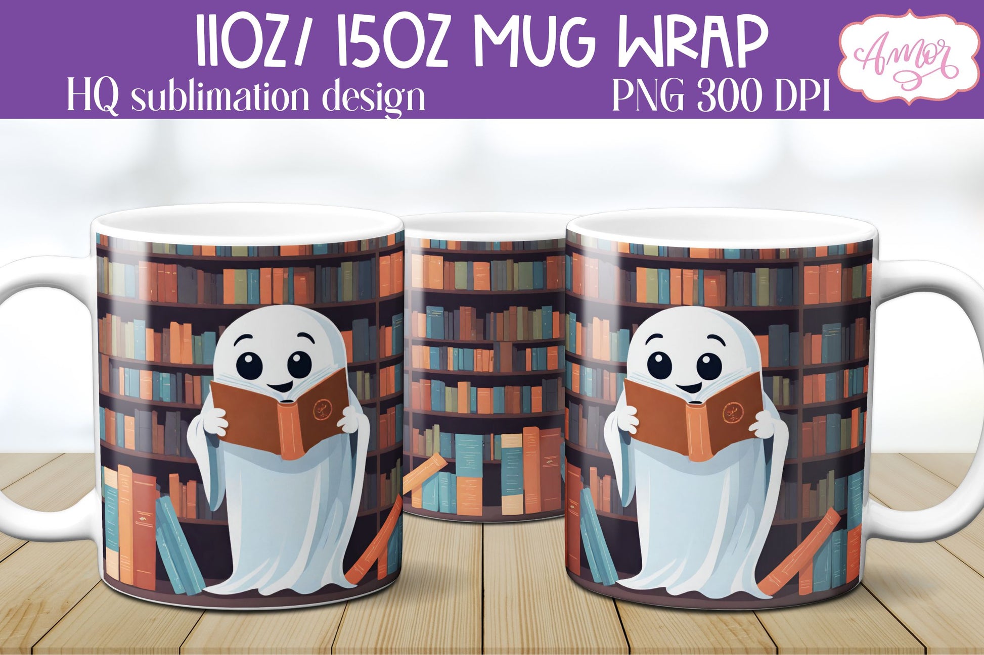 Cute ghost reading a book mug wrap PNG Sublimation Halloween